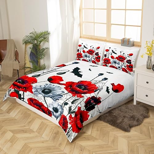Miniatura 2 de Juego de ropa de cama de flores de amapola para Halloween, funda de edredón (sin edredón), juego para niñas, adolescentes, murciélago, araña,