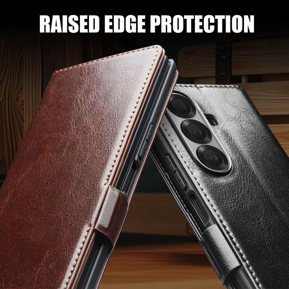 Wallet Case for Samsung Galaxy Z Fold 7, Classic Luxury Genuine Cowhide Leather Phone Cover Card Slots Flip Full Protection Internal Shell Brown
