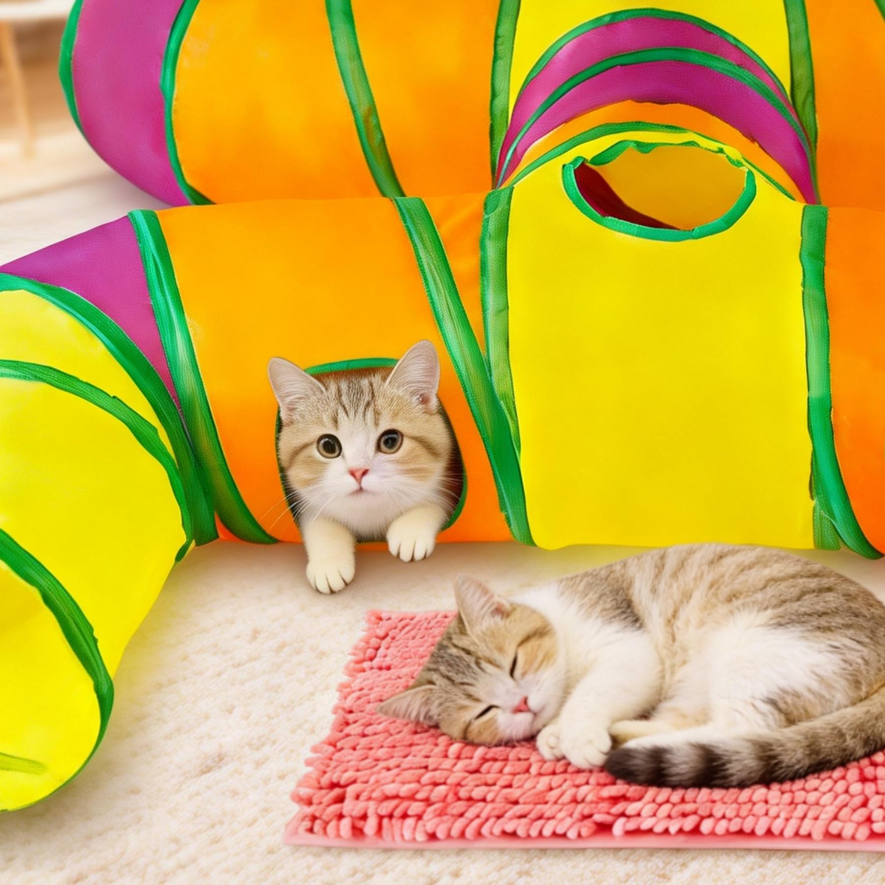 Letto a tunnel a forma di coniglio, a 4 vie, pieghevole, con cuscino, lavabile, resistente agli strappi, con coperta rosa, per gattini, conigli, porcellini d'India, per riposo, esercizio e