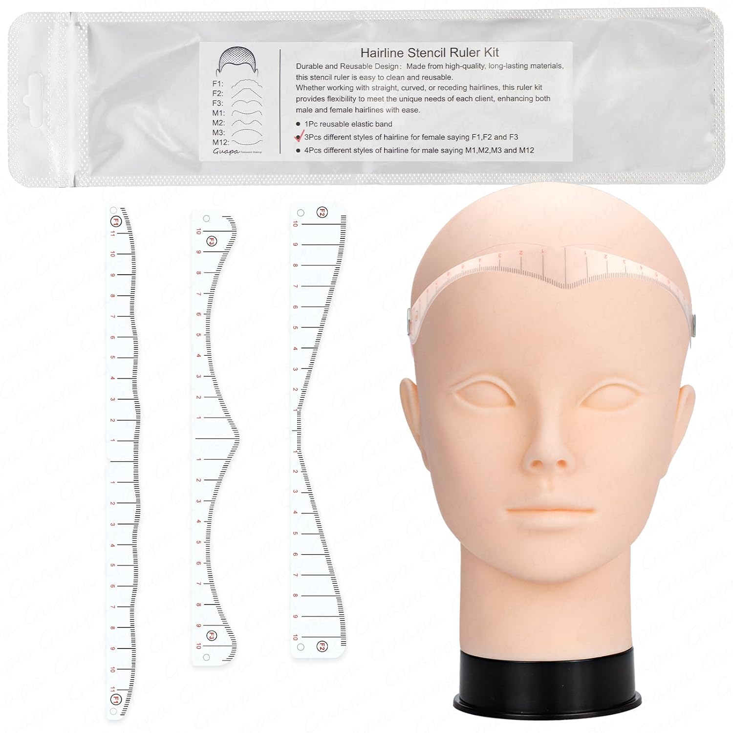 Hairline Stencil Ruler Kit for Scalp Micropigmentation – Precision Measuring Tool with Multiple Shapes for Men & Women – Ideal for SMP, &Hairline Mapping (1 Box Hairline Ruler with Practice Model)