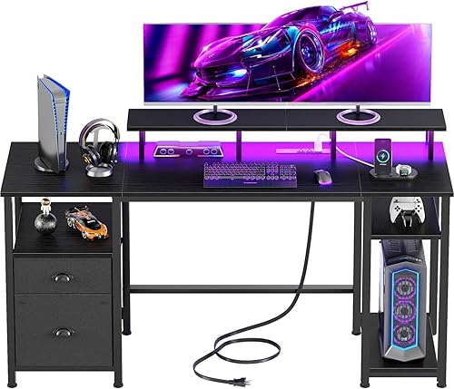 Miniatura 15 de Furologee Escritorio de 61 pulgadas con luz LED y tomas de corriente, escritorio reversible para computadora con archivador y cajón, escritorio