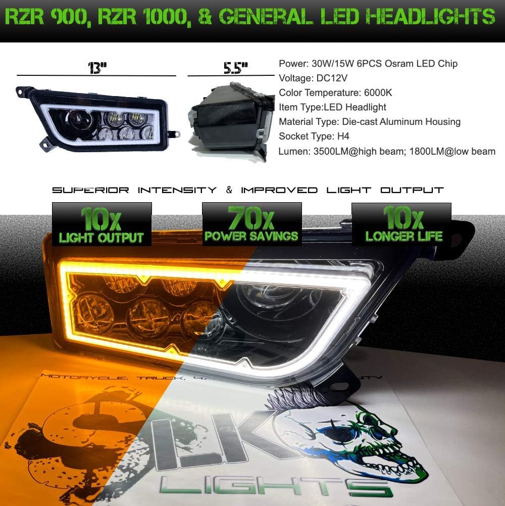 SLK-Lights BLACK Razor RZR LED Halo Headlight Turn signal compatible with Polaris General, RZR 900s, razor 1000 XP Turbo (Fits: 2015-2021) (Dual Color SwitchBack Halo White/Amber)