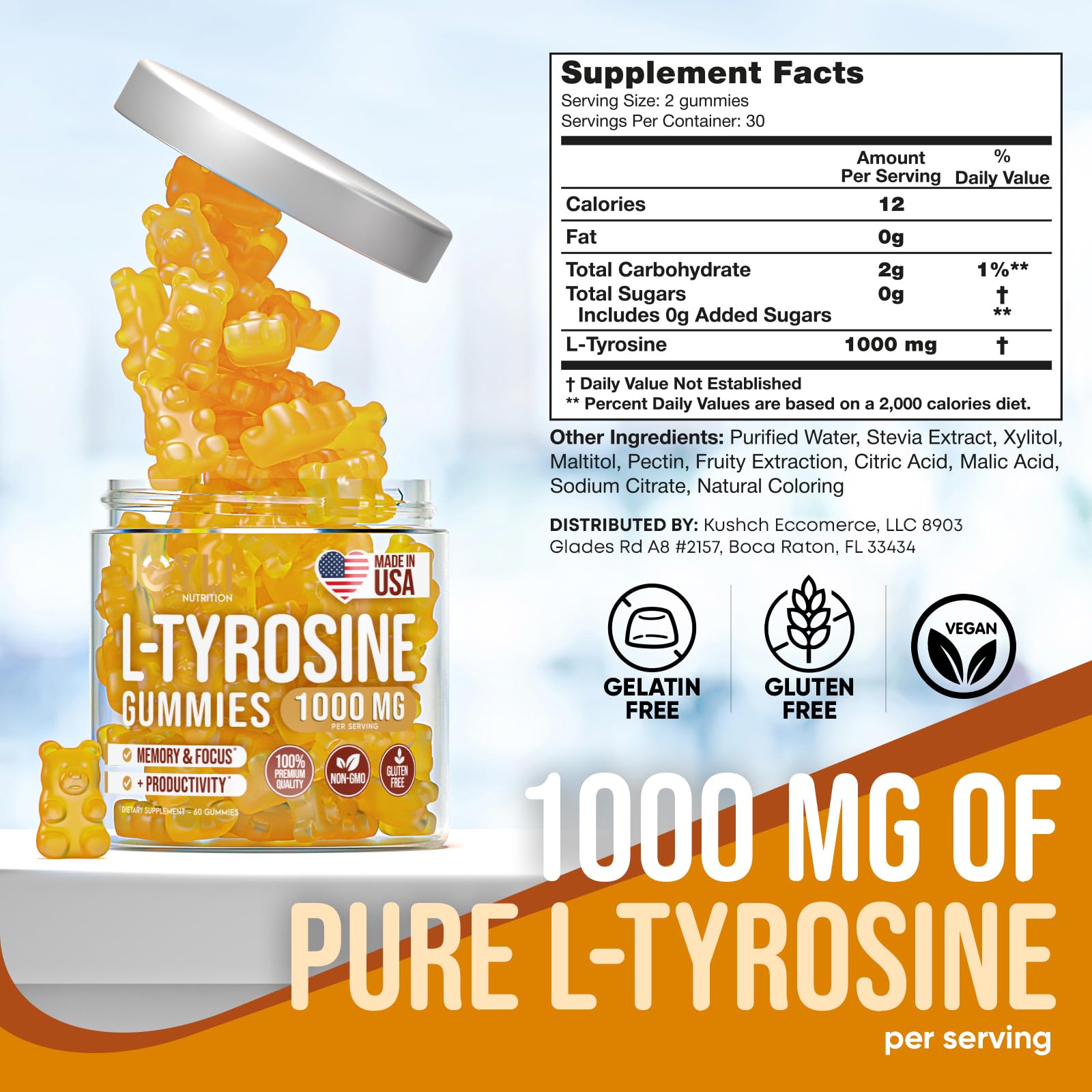 Joyli L Tyrosine Gummies 1000MG - L-Tyrosine Supplement for Kids & Adults - Calm & Focus Gummies for Brain, Memory, Mood, and Energy - 500mg L- Tyrosine Powder per Gummy - Vegan, Gluten-Free — Amazon image 3
