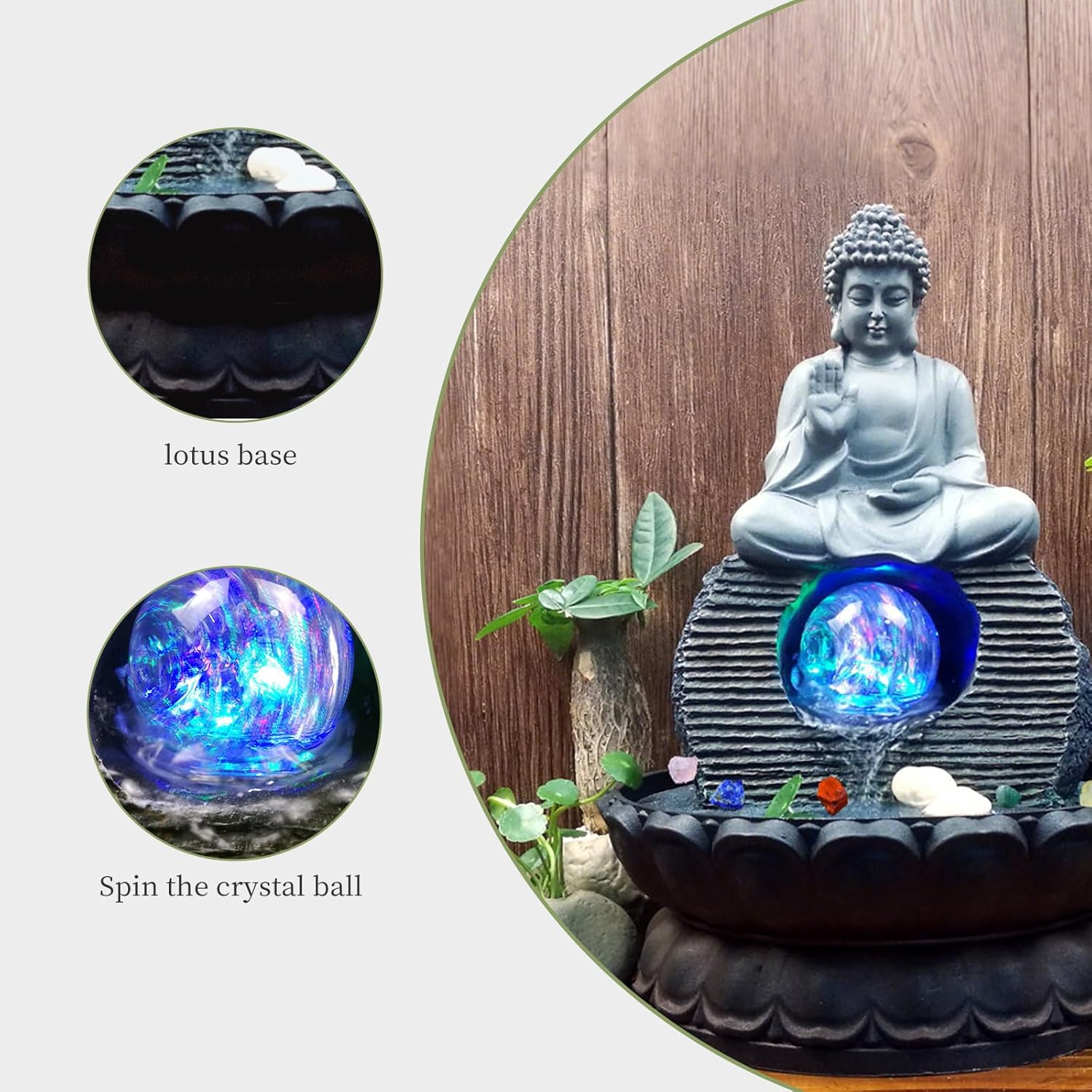 Zen Sitting Buddha Tabletop Fountain - Small Indoor Meditation Waterfall Water Feature for Zen Decor in Home, Office, Living Room or Bedroom + (10 PCS Free Crystals)