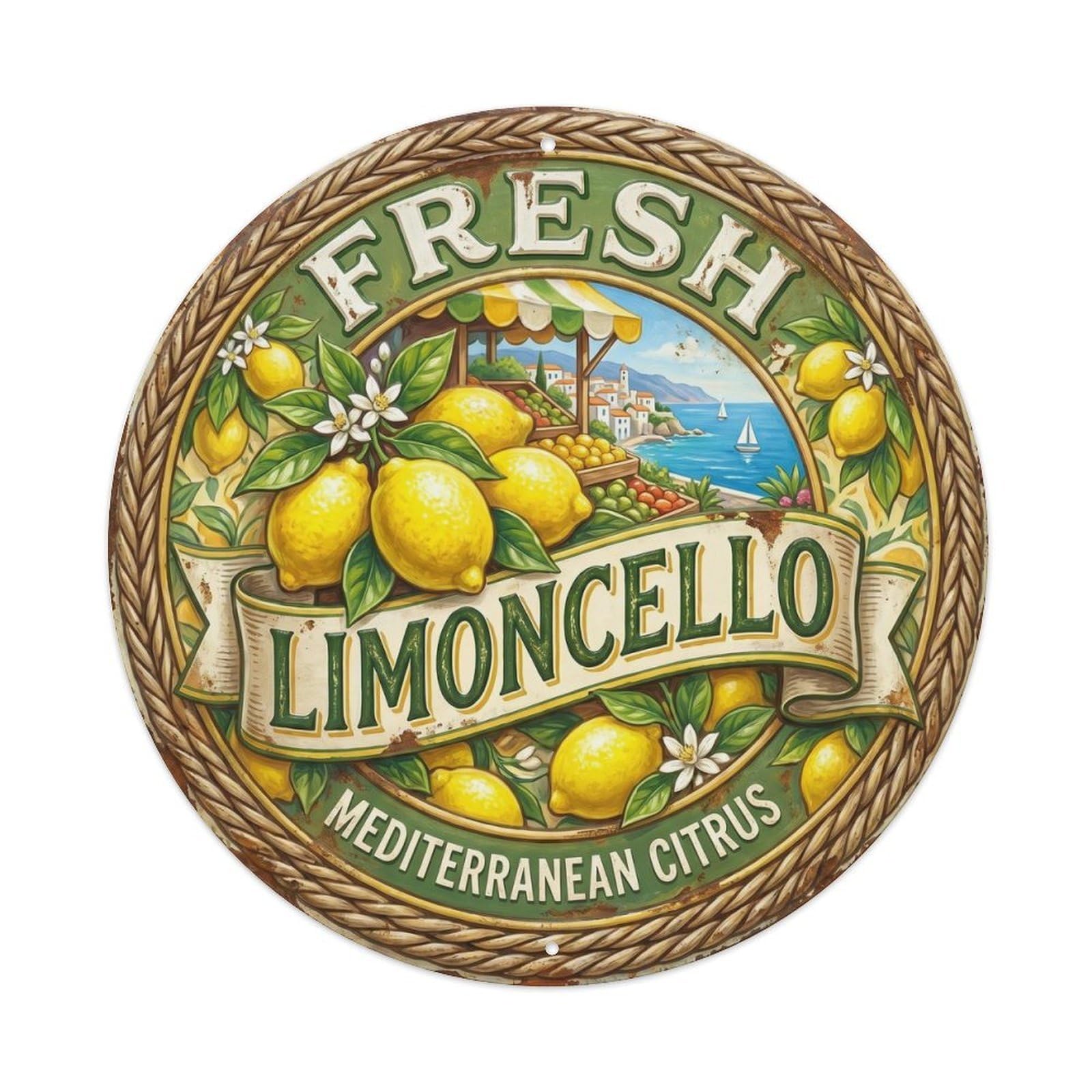 Fresh Mediterranean Citrus Seal Metal Tin Sign Plaque Wall Decor for Cafe, Club, Garden Round Metal Poster 8x8Inch