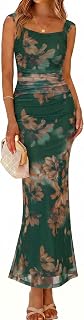Simplee Womens Summer Wedding Guest Dress Floral Bodycon Mesh Tank Sleeveless Ruched Sexy Party Spring Formal Maxi Dress