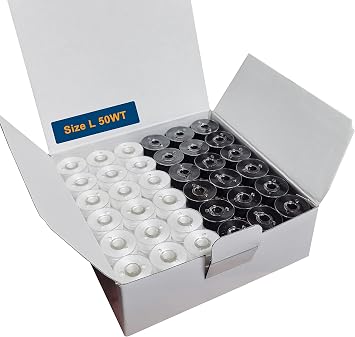 HimaPro 144 Prewound Bobbins for Embroidery Machines Size L SA155 Good for Brother, Babylock, Janome, Bernina, Husqvarna, Pfaff Embroidery Machines Etc Plastic Sided Black & White - 50 Weight
