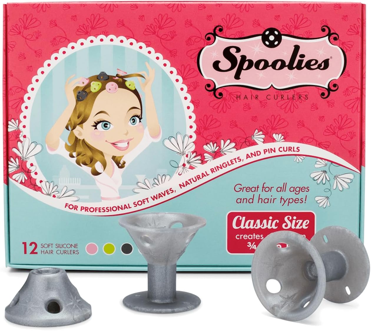 Spoolies Original Hair Curlers, Heatless Silicone Rollers for Natural Hair, Hair Extensions plus Wigs, Made in USA, 12 Medium Size (Silver Edition)
