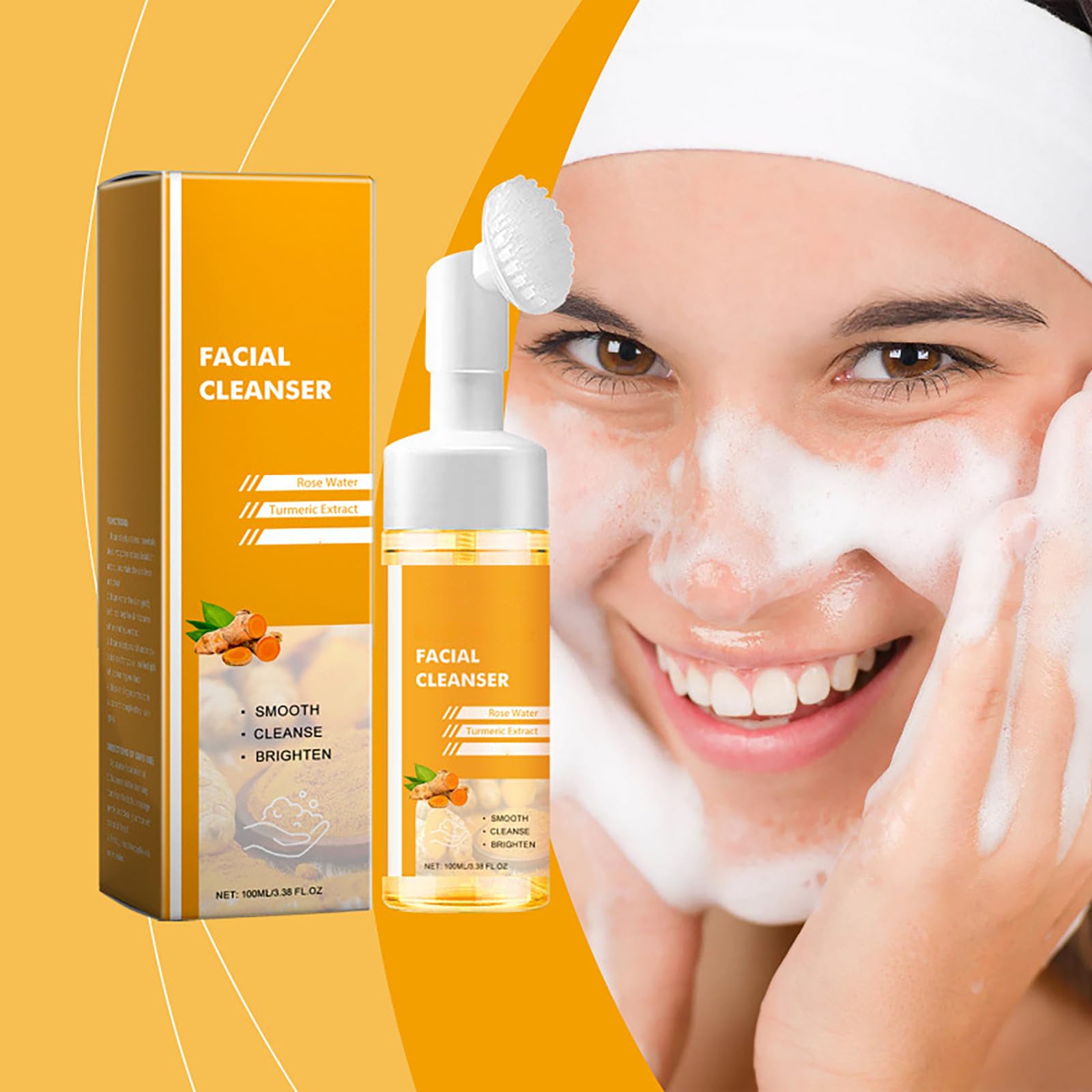 Turmeric Face Wash with Brush, Foaming Facial Cleanser for Women Improves Blemishes, Zits, & Evens Skin Tone - Image 2
