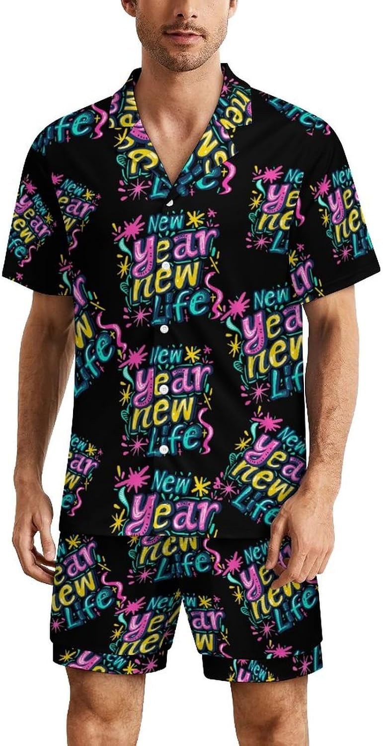 Happy New Year New Life Men's Short Sleeve Pajama Set Satin Silk Like Lounge Sleepwear