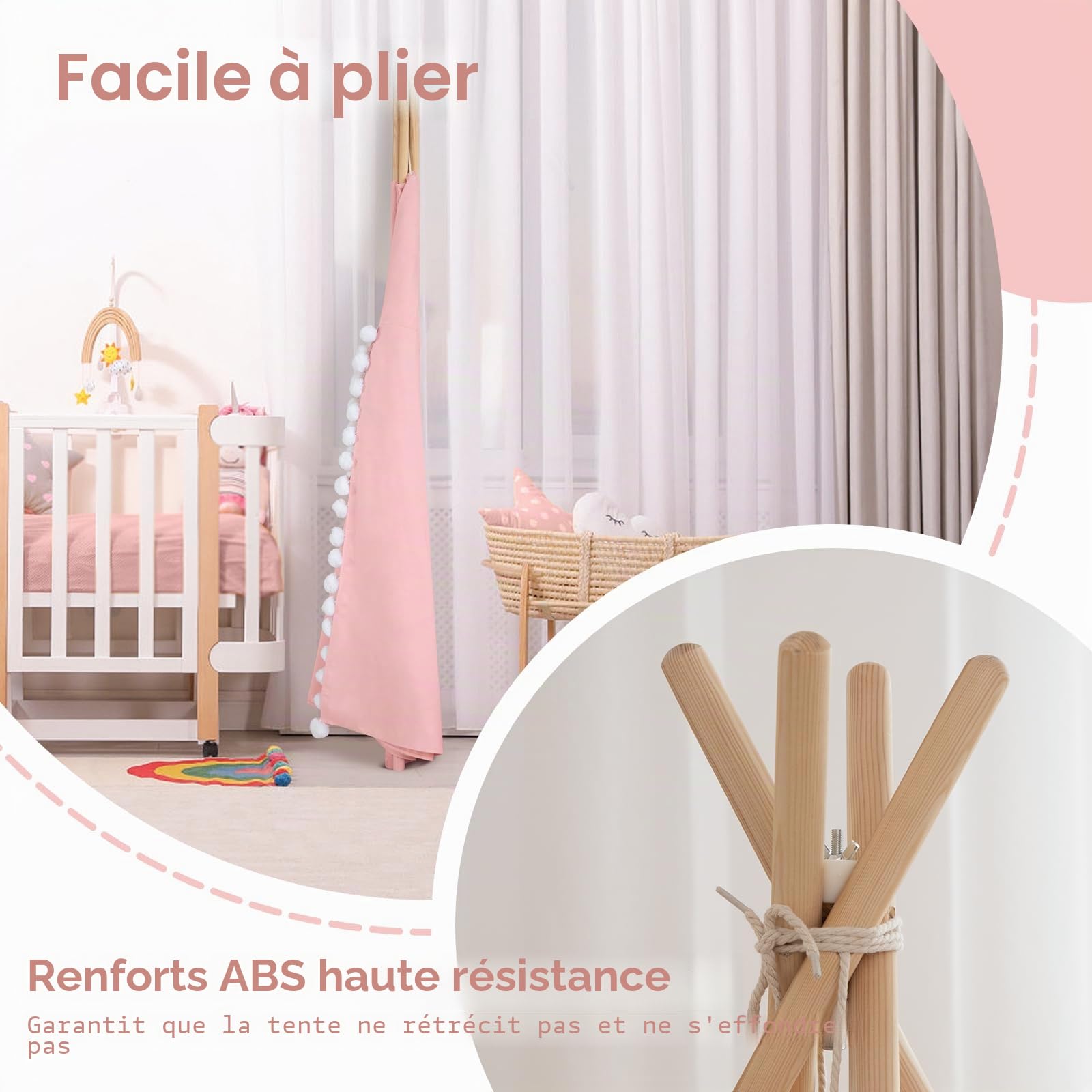 WIRHAO Tente tipi pour enfants avec tapis rembourré en toile de coton avec pompon pour tout-petits, tente de jeu d'intérieur pour filles et garçons avec lumières étoilées, sac de transport, fanion