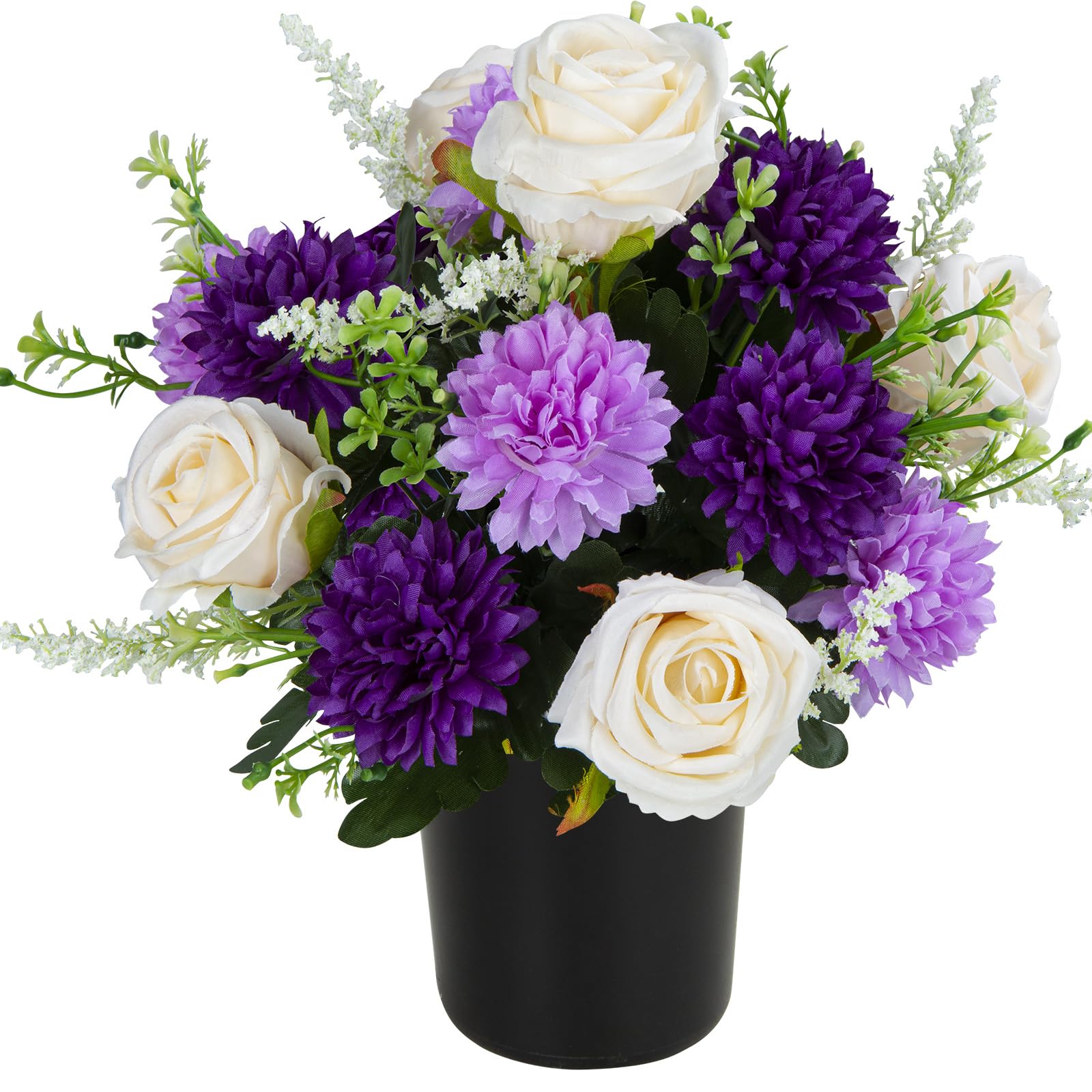SIFOEL Artificial Grave Flowers for Cemetery, Artificial Chrysanthemums & Rose, Memorial Decorative Funeral Flower in pot for Grave Graveside Outdoor Indoor Decoration (1pc, Purple)
