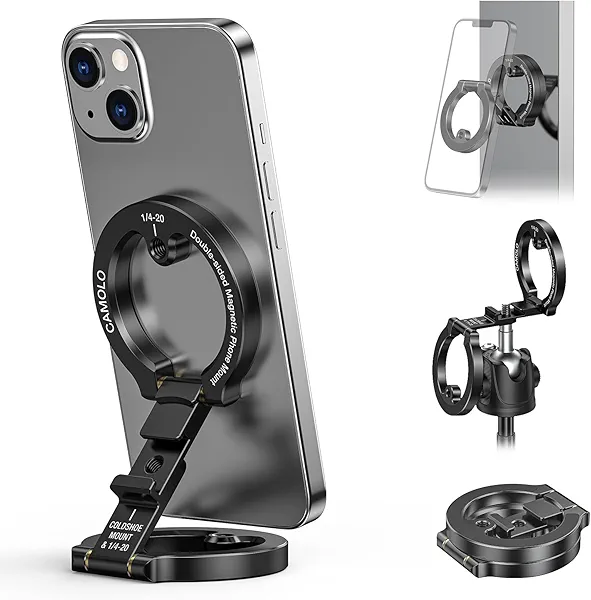 CAMOLO GEEK Dual Magnetic Phone Holder Compatiable with Magsafe for iPhone 16 15 14 13 12 Pro Max Plus Series, 1/4" Screw Tripod Mount, Gym Magnetic Phone Stand Travel(Black)