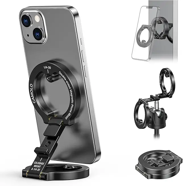 Sponsored Ad – CAMOLOGEEK MG-02 Aluminum Dual Magnetic Phone Holder with 1/4" Screw Cold Shoe for iPhone 17 16 15 14 13 12 Pro Max Plus and MagSafe Cases, Stand Mount for Gym and Travel Black