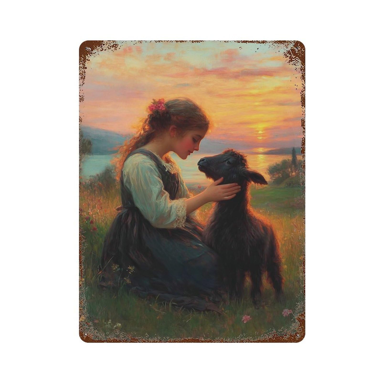Girl And Lamb at Sunset Aged Metal Wall Plaque 15.7"x11.8", Industrial Home Decor for Pub, Kitchen And Man Cave Decor