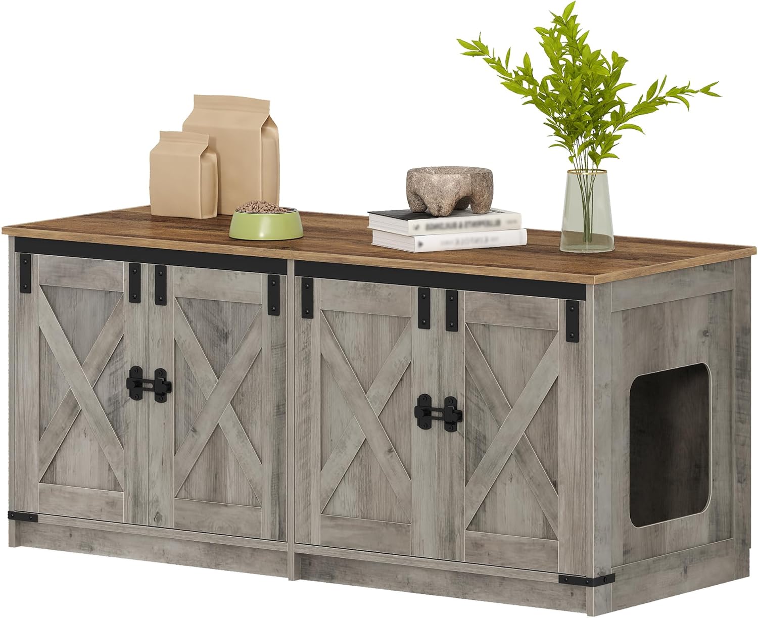 Hzuaneri Cat Litter Box Enclosure for 2 Cats, Hidden Litter Box Furniture Cabinet with Double Room, Indoor Cat House, Farmhouse Style, 46.7 x 18.9 x 21.1 Inches, Greige CB85305X