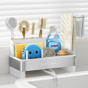 Nacial Sponge Holder for Kitchen Sink Sink Caddy Organizer with High Brush Holder Two Towel Racks - Rustproof