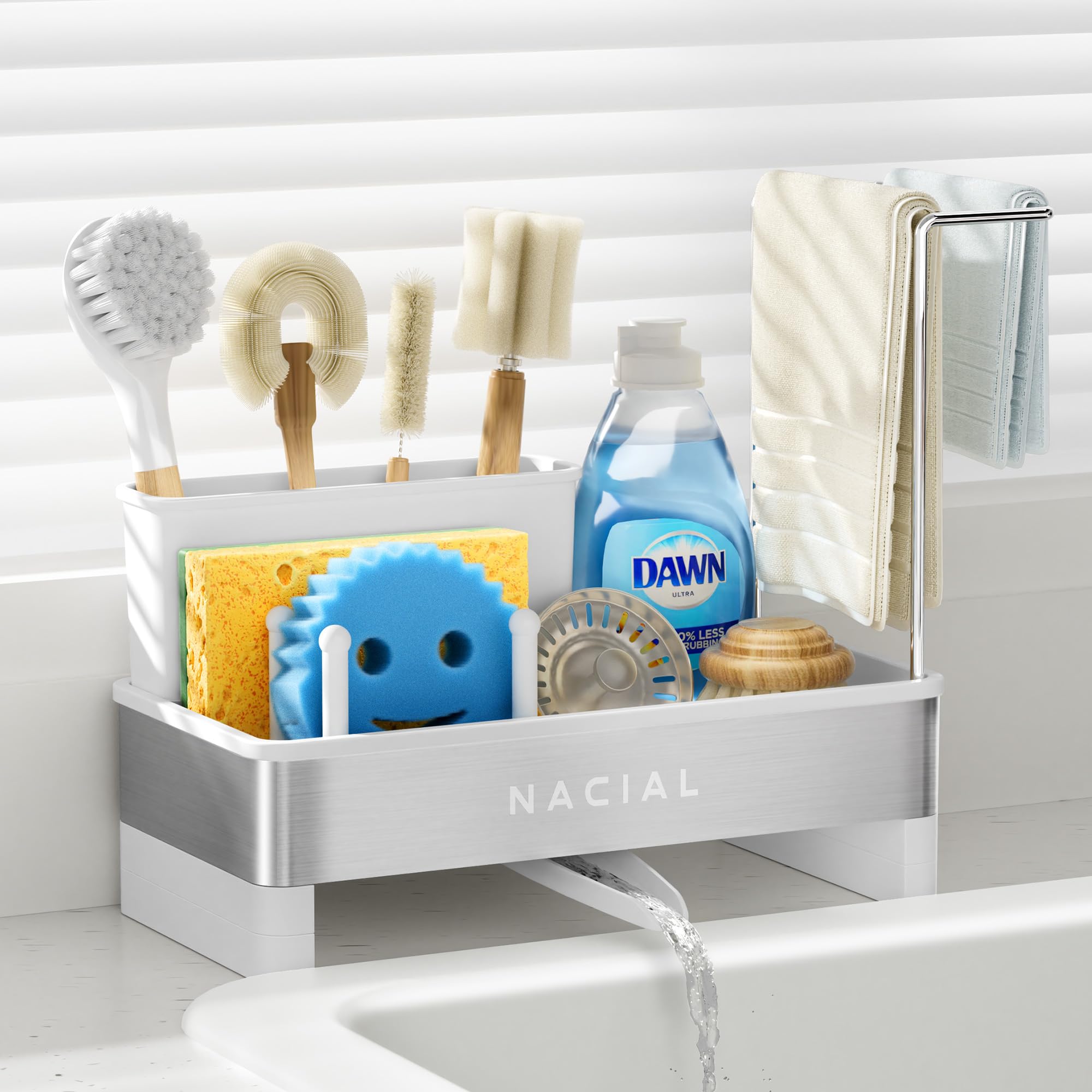 Nacial Sponge Holder for Kitchen Sink Sink Caddy Organizer with High Brush Holder Two Towel Racks - Rustproof
