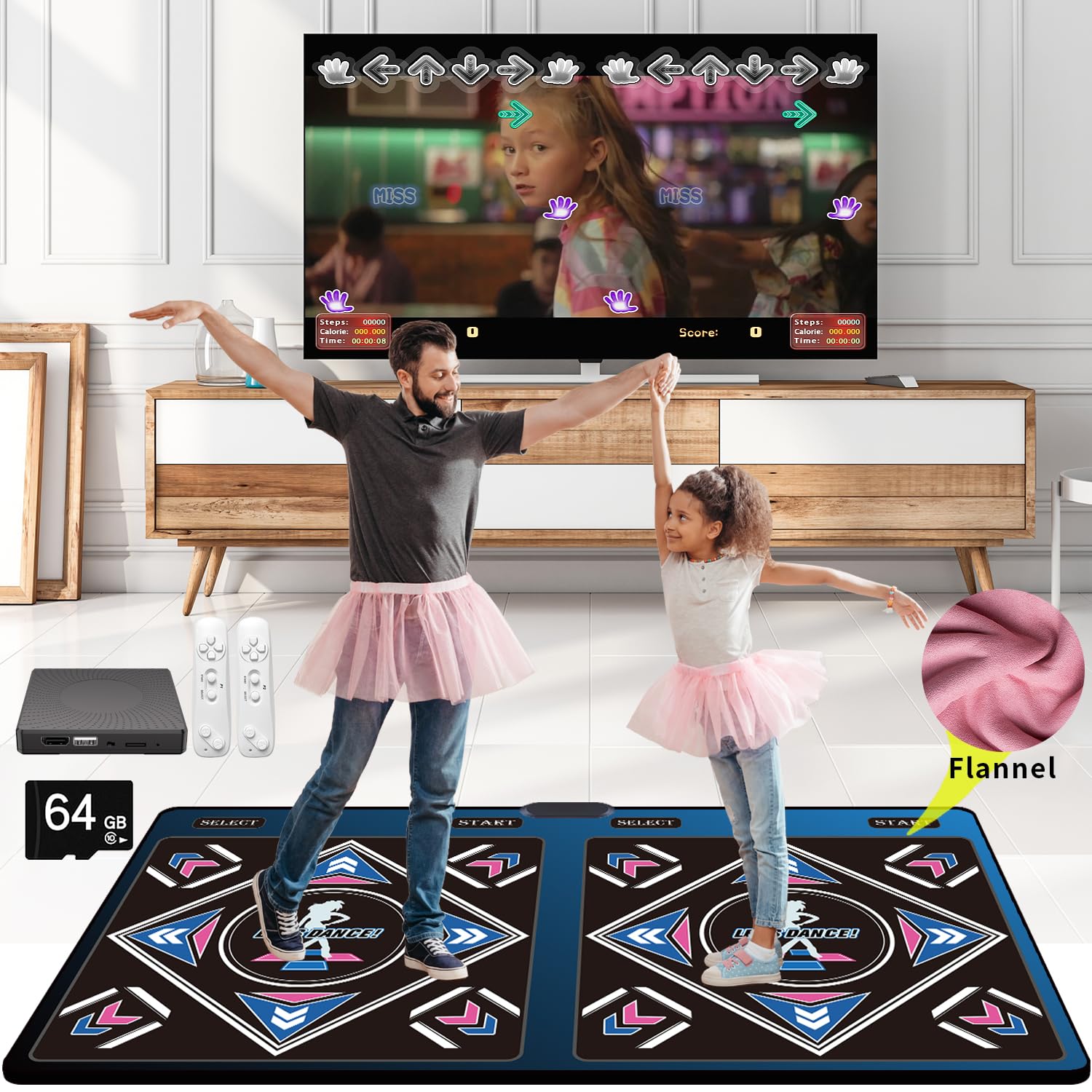 Alfombra de baile doble para niños y adultos, 64 GB, juegos de baile fitness con modo MV/3D/cómic,899 juegos,650 canciones,75 MVs,para TV HDMI,material de franela premium, regalo para niños
