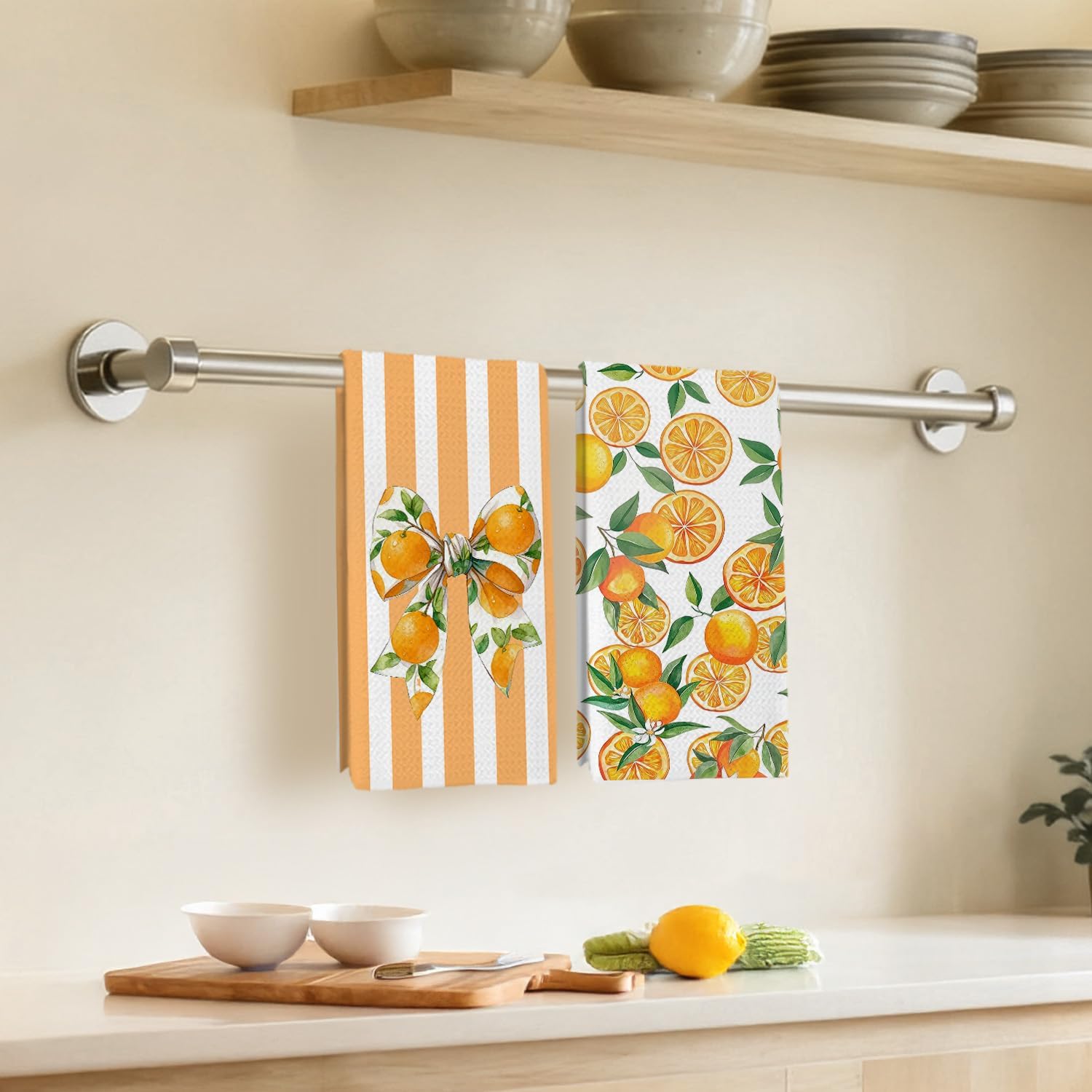 Coquette Bow Oranges Kitchen Dish Towels, Orange Gifts for Women, Orange Striped Citrus Fruit Bow Hand Tea Towels for Kitchen Bathroom Decor, 16x24 Inch Set of 2 image 4