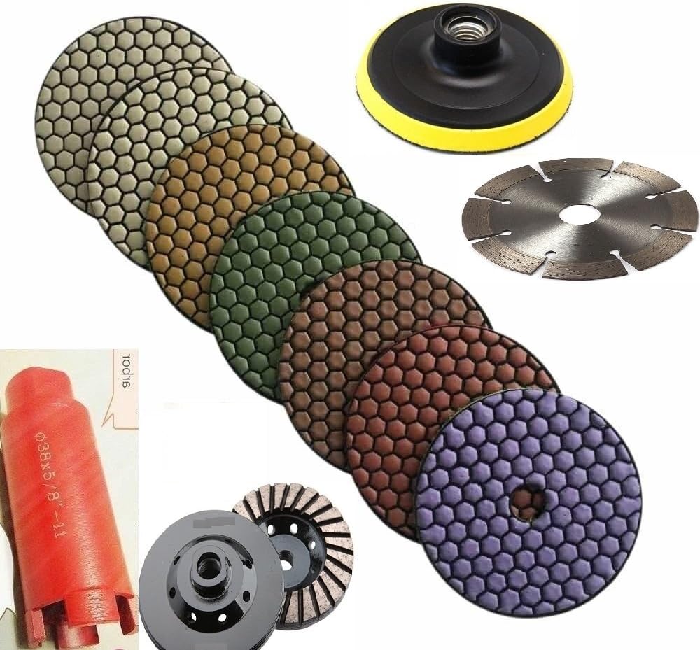 4" Diamond DRY Polishing Pad 7+1 & 1-3/8 Inch core bit sink hole cutter & 4" grinding cup & 5" cutting blade for stone concrete granite terrazzo masonry cement block sanding
