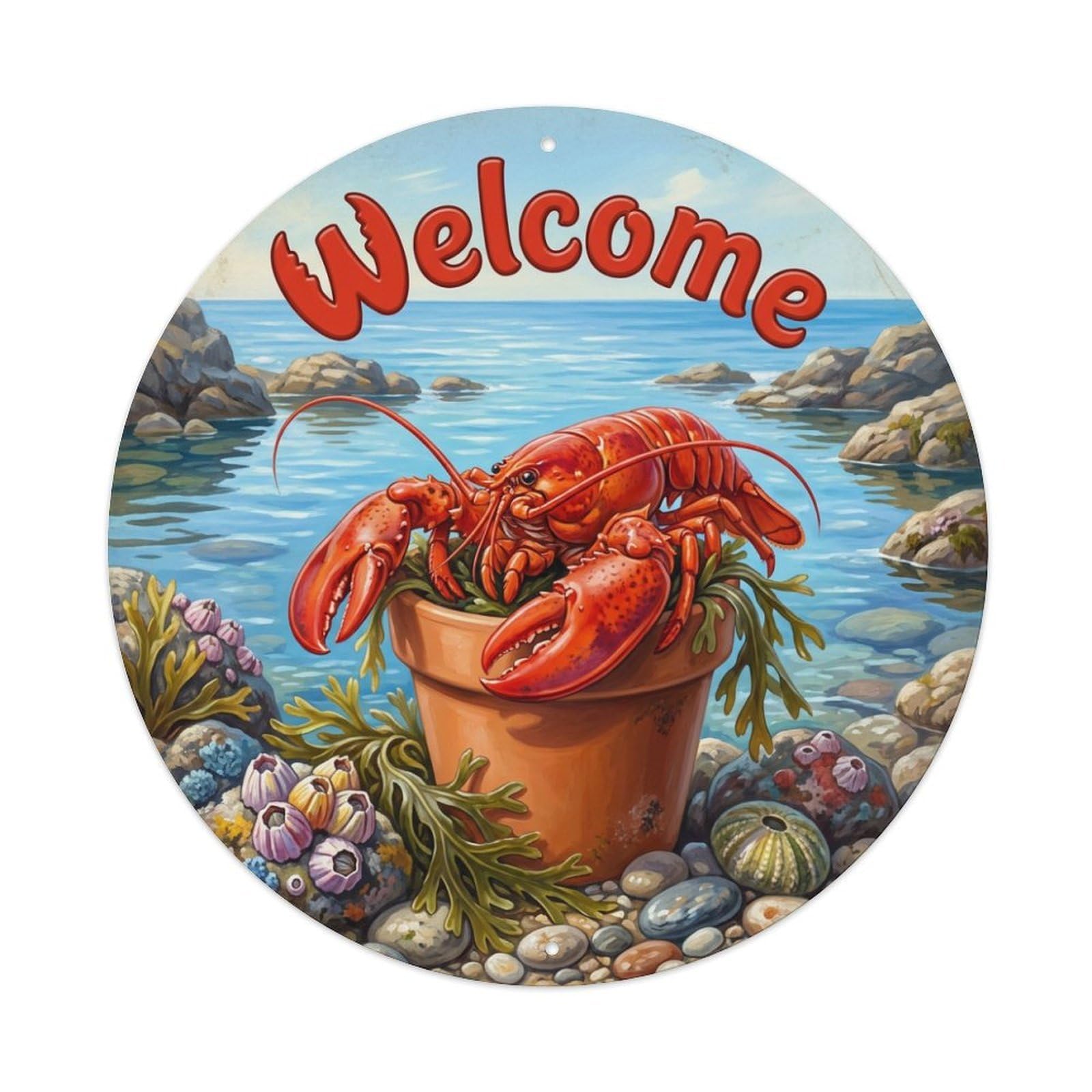 Welcome Lobster Coastal Pool Metal Tin Sign
