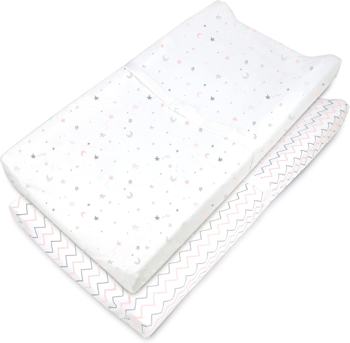 American Baby Company Paquete de 2 fundas para cambiador contorneadas, 100% algodón, estampadas, compatibles con el moisés Mika Micky, estrellas rosas y zigzag, para niños y niñas