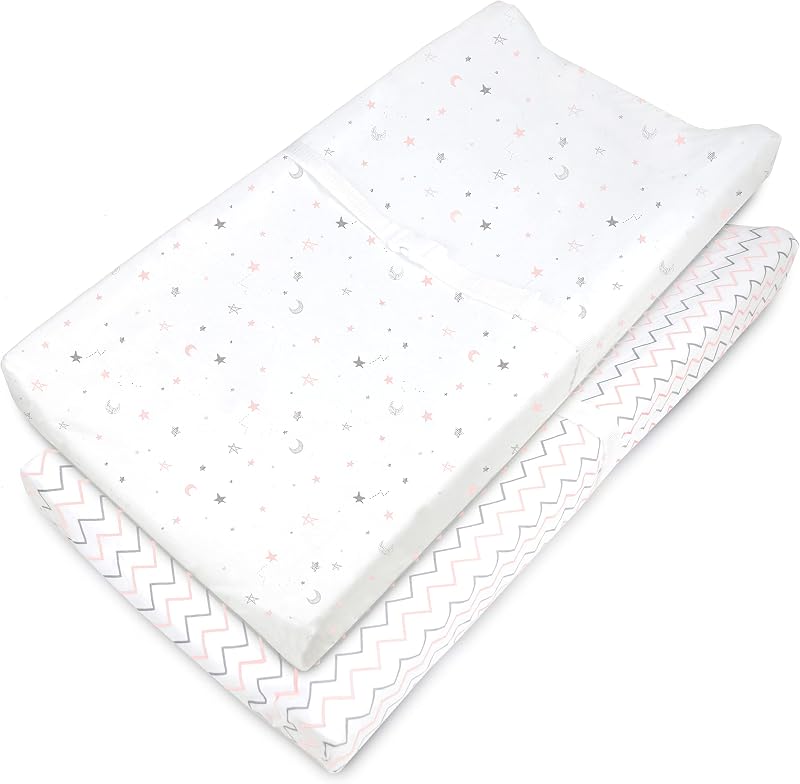 American Baby Company Paquete de 2 fundas para cambiador contorneadas, 100% algodón, estampadas, compatibles con el moisés Mika Micky, estrellas rosas y zigzag, para niños y niñas