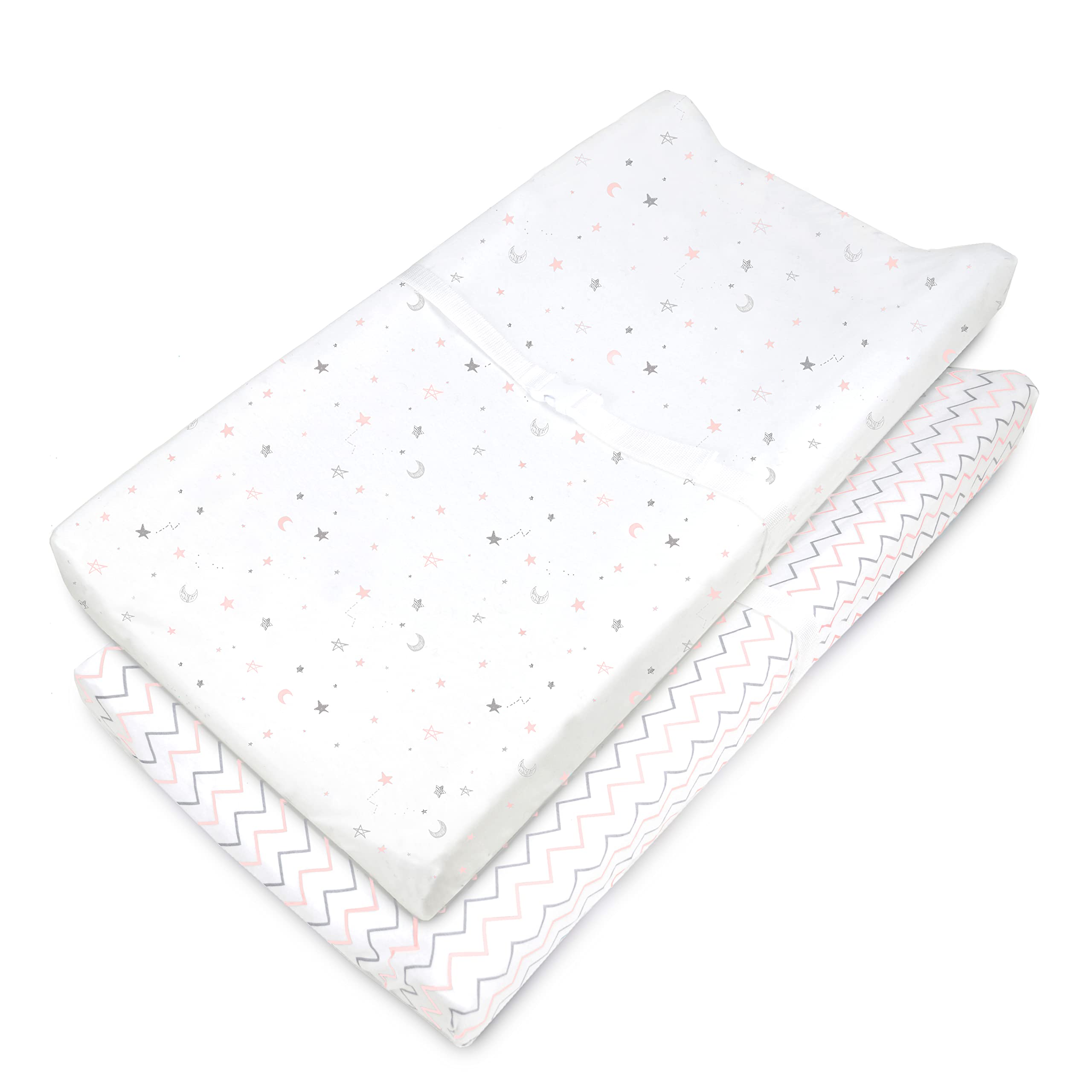 American Baby Company 2 Pack Printed 100% Natural Cotton Jersey Knit Fitted Contoured Changing Table Pad Cover, Pink Stars and Zigzag, Soft Breathable, Boys and Girls-image-45