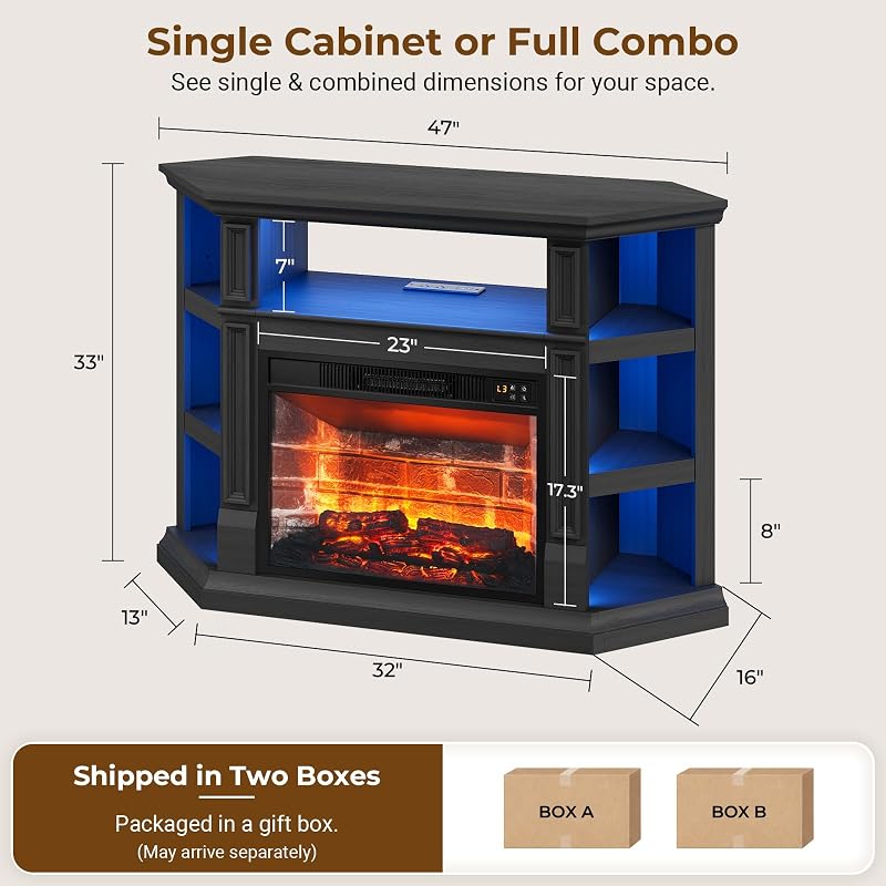 Corner TV Stand with Electric Fireplace, Black image 2