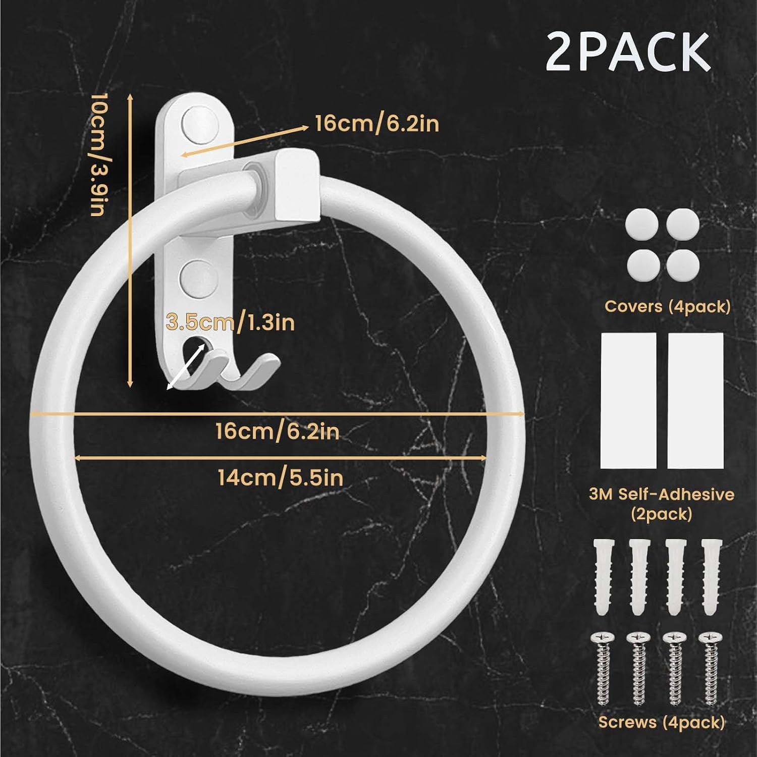Daily Treasures White Space Aluminum Towel Ring Holder with Hook, 2Pack Self-Adhesive/Screw Drilling Kitchen Towel Holder, Bathroom Hand Towel Ring for Bathroom Wall Organizer Kitchen Storage