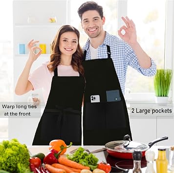2 Pack Canvas Water Resistant Adjustable Bib Apron with 2 Pockets Long Ties Cooking Kitchen Restaurant Chef Aprons for Women Men (Black)