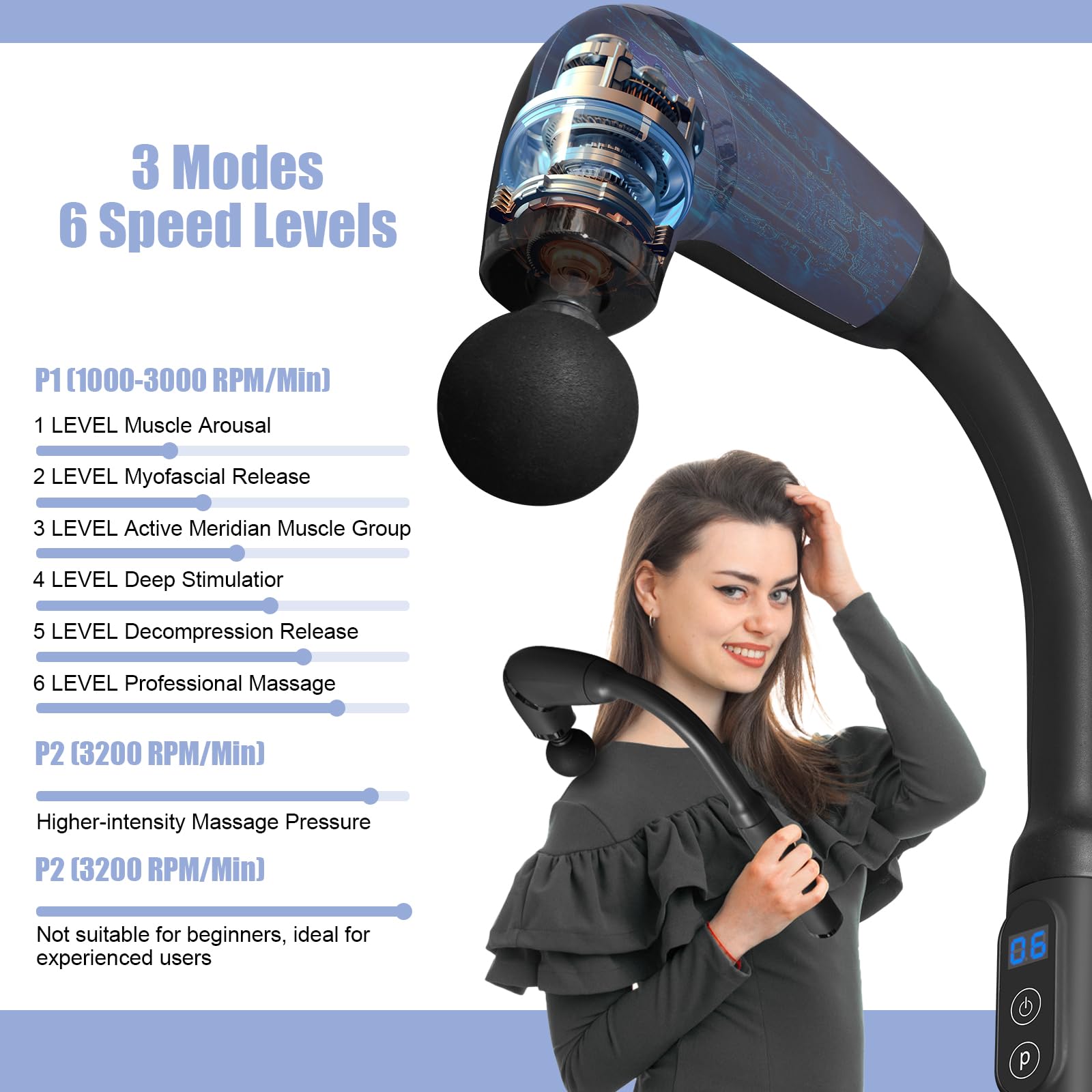 Pistola de Masaje Muscular con Mango Extensible Desmontable, Pistola Masaje Massage Gun Profesional Eléctrica with LED Screen para Relajación, Aliviar el Dolor
