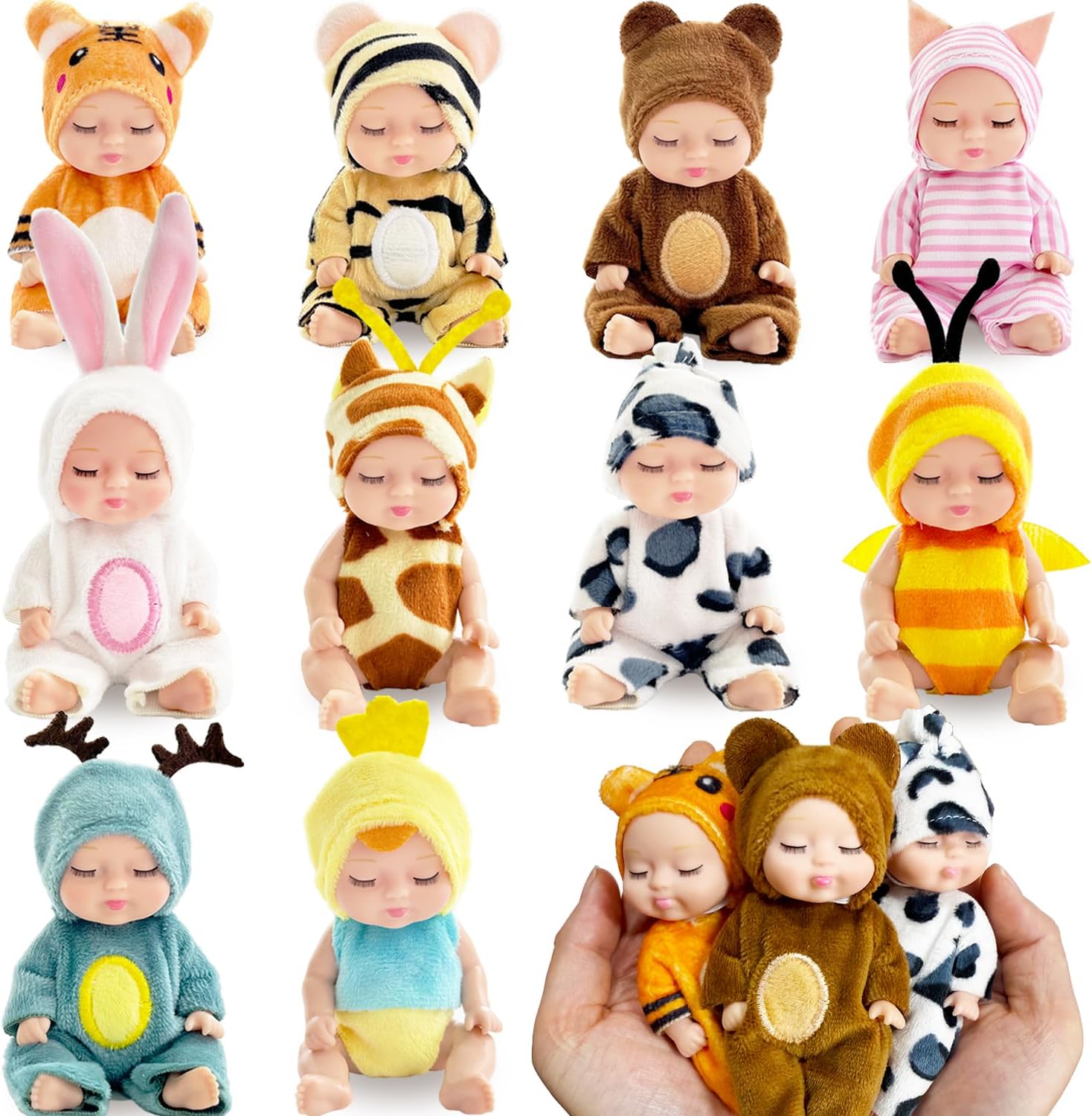 Haawooky 10 Pcs Mini Baby Dolls,4 inch Lifelike Realistic Baby Dolls with Animal Clothes,Cute Small Baby Doll for Girls Kids Easter Basket Valentine Birthday