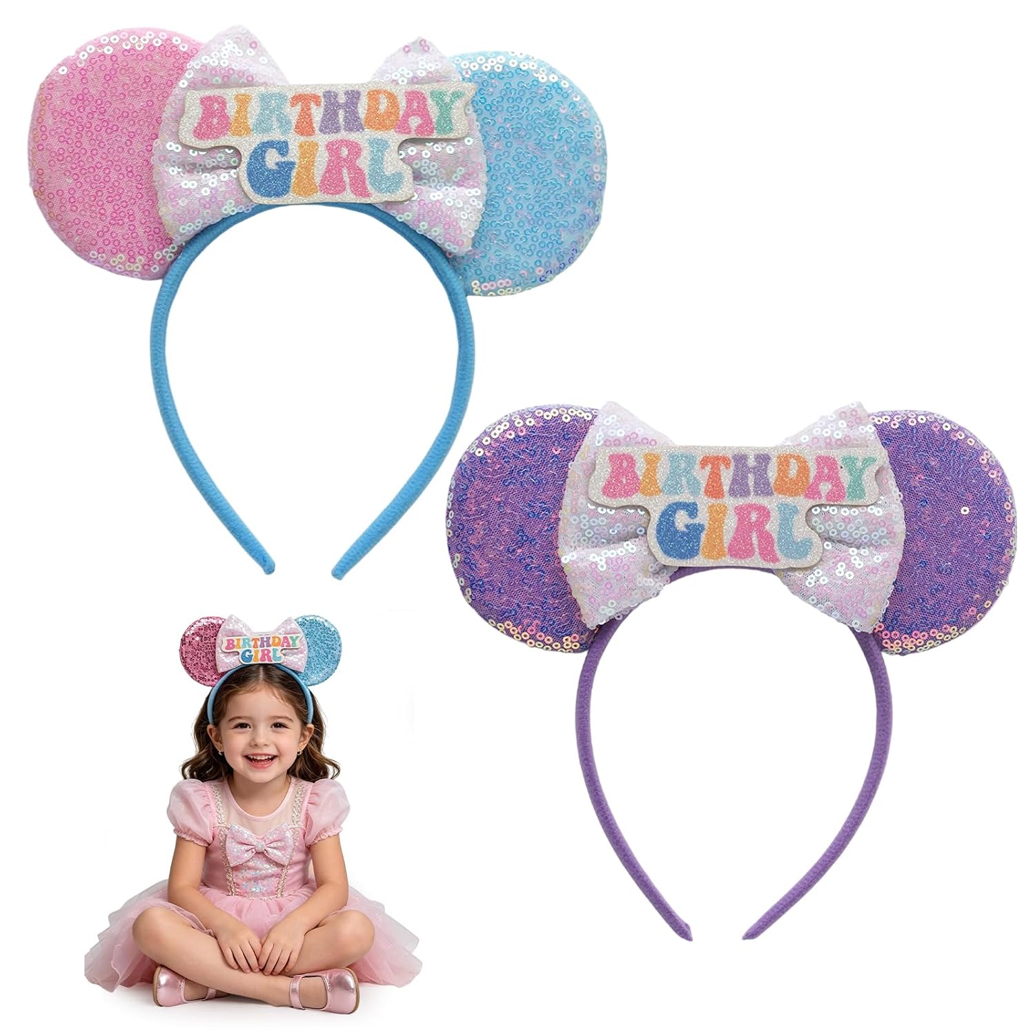 2 Pack Birthday Girl Mouse Ears, Sequin Ears Headband for Girls Women, Mouse Birthday Decorations Hair Accessories for Party
