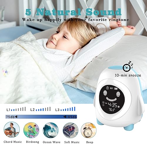 Miniatura 3 de Reloj despertador para niños, reloj despertador para niños pequeños, reloj de entrenamiento de sueño con luz nocturna, máquina de sonido para