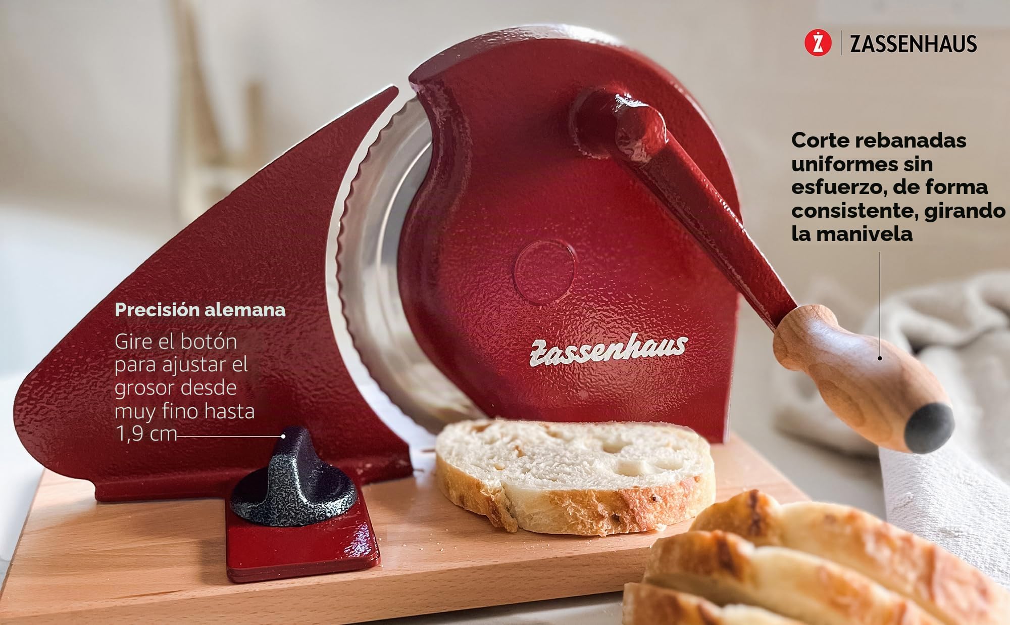 Zassenhaus Cortador de pan manual CLASSIC | Rojo | Hoja de acero Solinger | Grosor de corte: 1-18 mm | Tabla y manivela de madera de haya | 30 × 25,5 × 19 cm