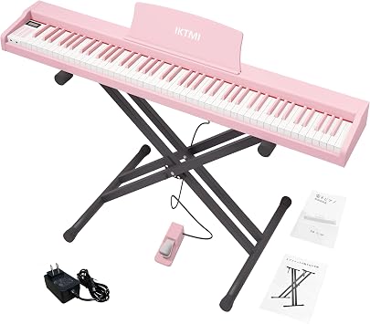 Electronic Piano, 88 Keys Wooden 88 Keys Electronic Piano Stand Set, Portable Piano, Pink