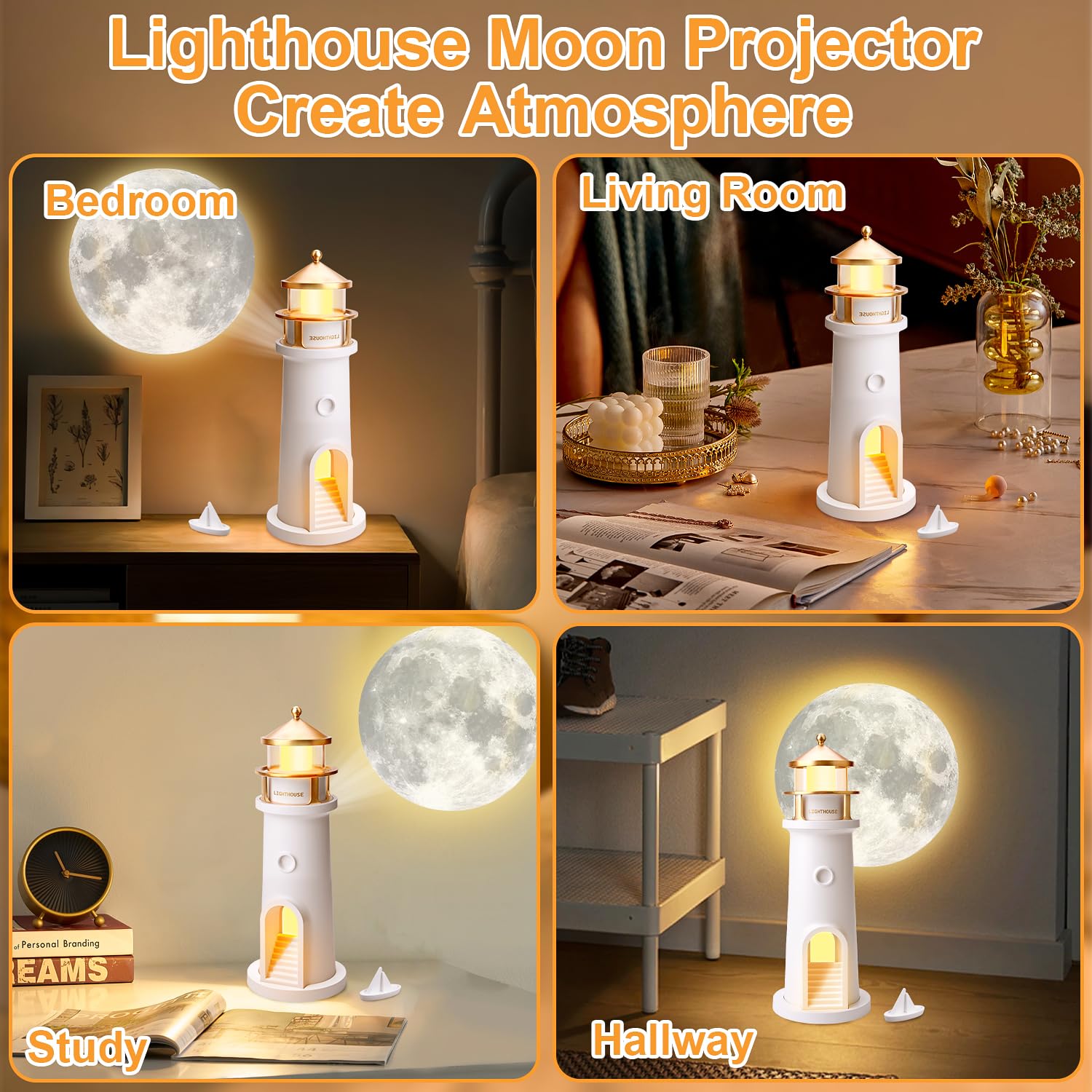 Vibbang Decoración de Faro, Lámpara de Faro Luna, Lámpara de Faros de Proyección de Luna con Control Remoto, Lámpara de Noche Creativa de Torre Regalo de Faros de Lunas para Niños Dormitorio