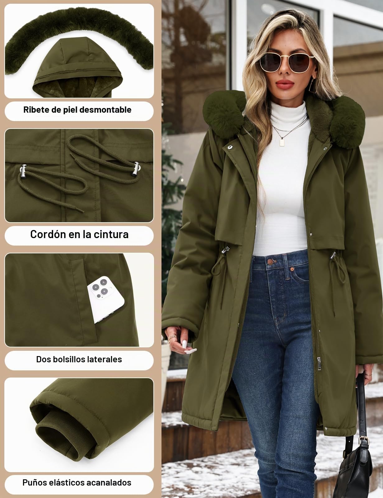 Yuson Girl Chaqueta Mujer Invierno Abrigo de Largo Parka Capucha Acolchado Gruesa Chaquetas Cálido Jacket Elegante Chaquetón para Exteriores con Bolsillos y Cremallera