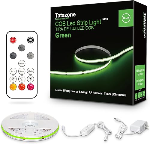 Miniatura 1 de Tira de luces LED COB verdes Max con control remoto y fuente de alimentación, tira de luz LED COB brillante regulable de 16.4 pies, luces LED COB