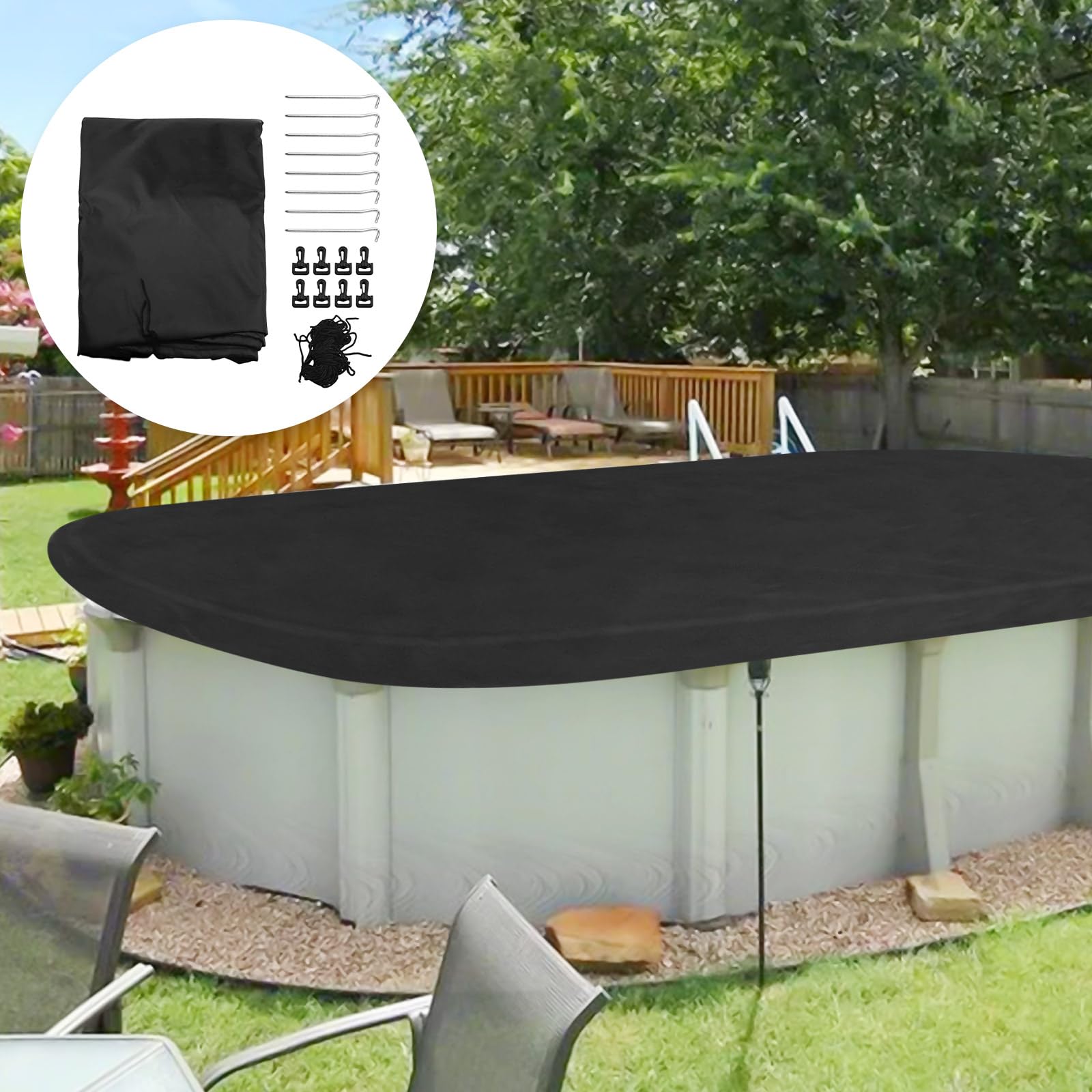 Ovale Poolabdeckung mit Zubehör für Oberirdische Pools, Pool Abdeckung Oval, Abdeckplane Poolabdeckung, um BläTter und Anderen Schmutz zu Blockieren(213 x 305 cm)