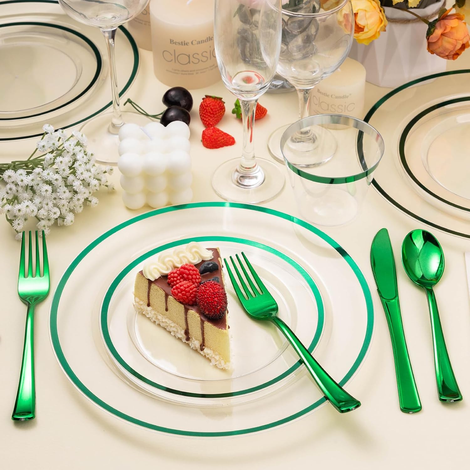 Beststar 350PCS Green and Clear Plastic Dinnerware Sets for 50 Guests, Include 100 Green Disposable Plates, 100 Forks, 50 Knives, 50 Spoons, 50 Cups