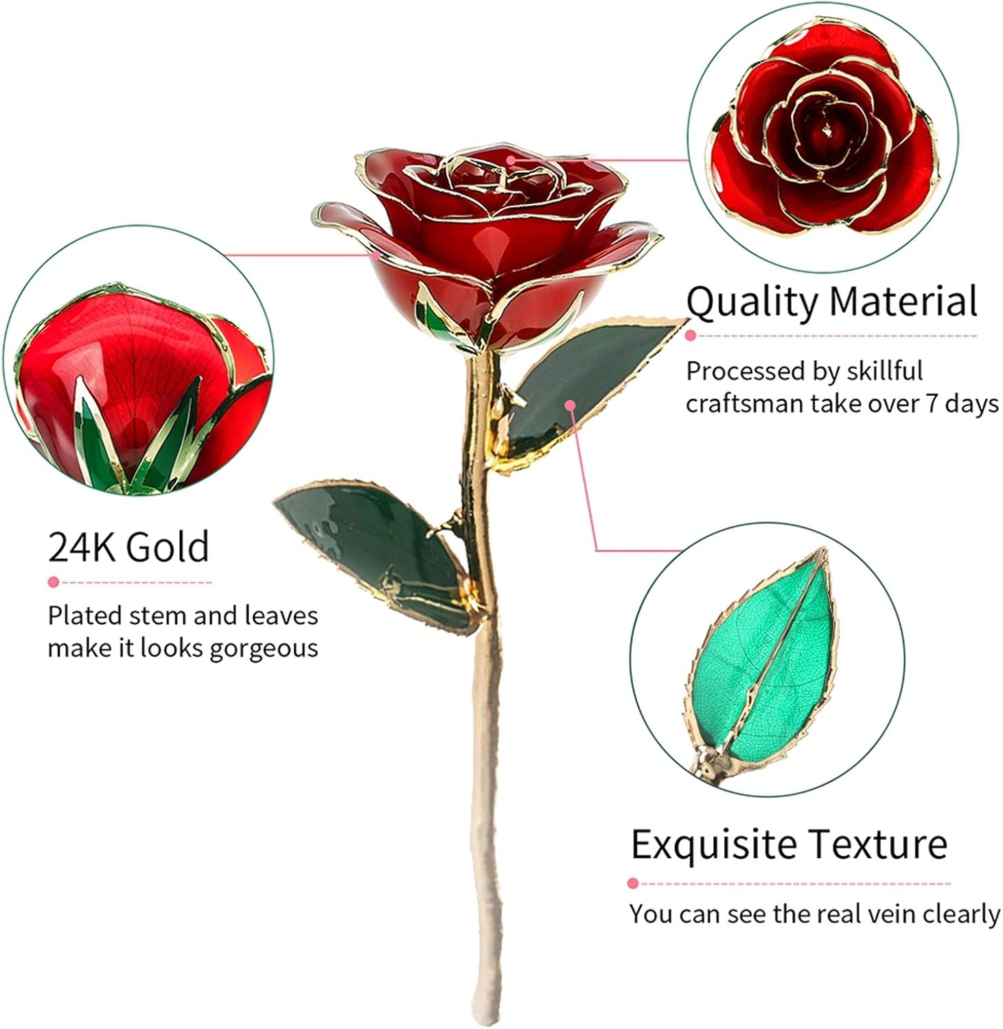 Yosoo 24K Gold Rose, Dipped Girlfriends Wife Valentine Day Gift Wedding Decor Base Red for Festivals QIXI Festival Christmas Wedding