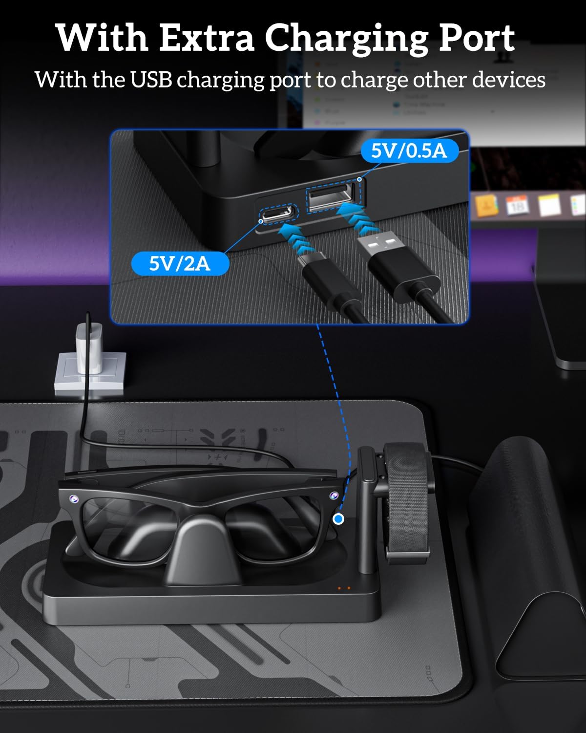 Charging Dock for Meta Ray-Ban Display Smart Glasses & Meta Neural Band, 2-in-1 Fast Charging Station with Anti-Slip Stable Base, LED Indicator, USB Output & Type-C Input, Smart Glasses Charger Stand