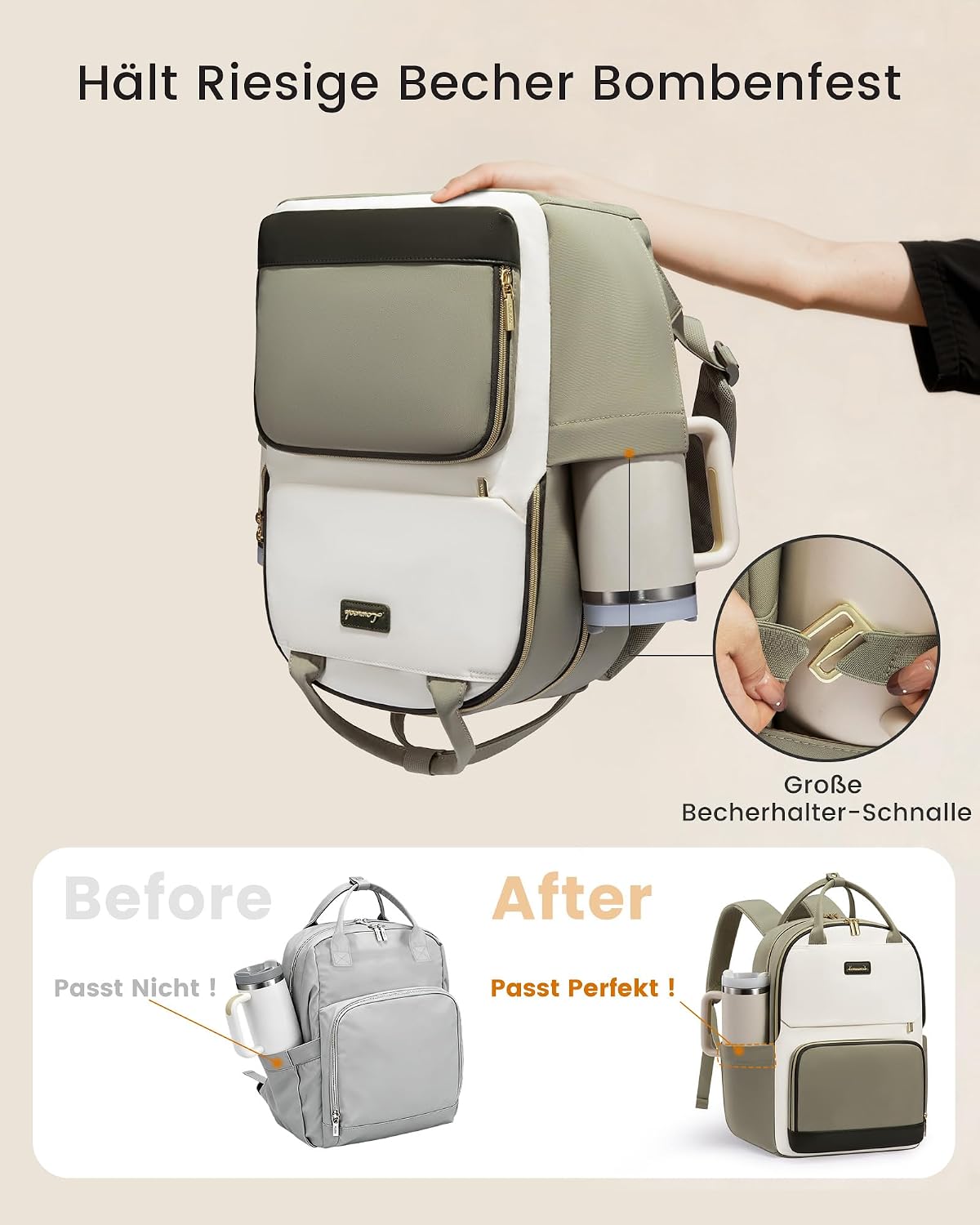 LOVEVOOK Women's Backpack, 15.6 Inch Laptop, School Backpack, Teenagers with Large Bottle Compartment, Plain School Bag, Travel Backpack, Women, Elegant, Work Bag, Daypacks for Travel, School, Green Beige Beige Green 15.6 inches