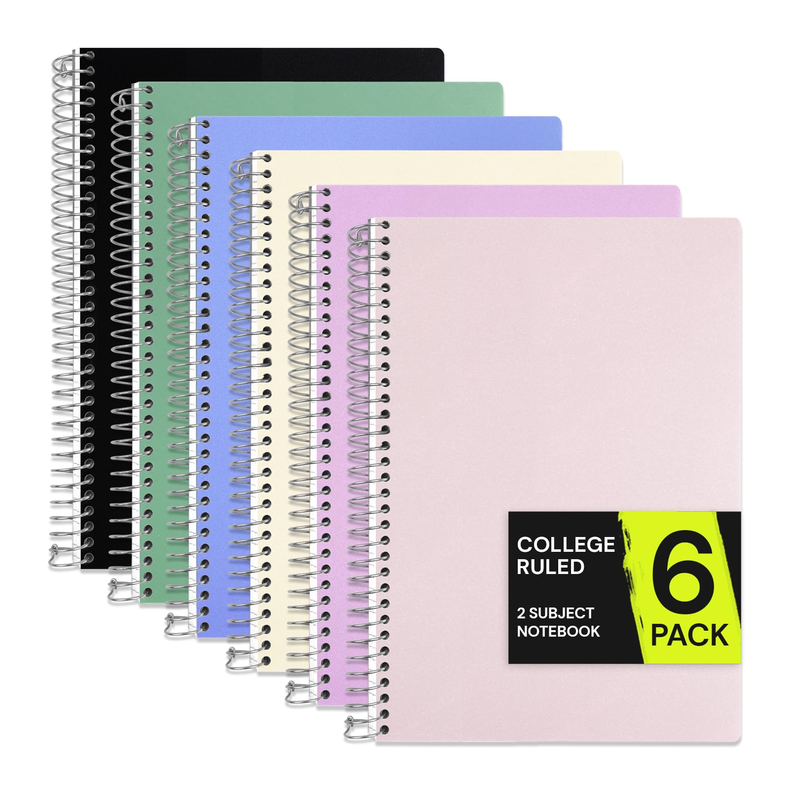 ONAVIA Cuaderno de espiral de 2 materias, paquete de 6, rayas universitarias, 6 x 9.5 pulgadas, 100 hojas, cubierta de poliéster, 3 agujeros perforados con separadores y bolsillos de doble cara para