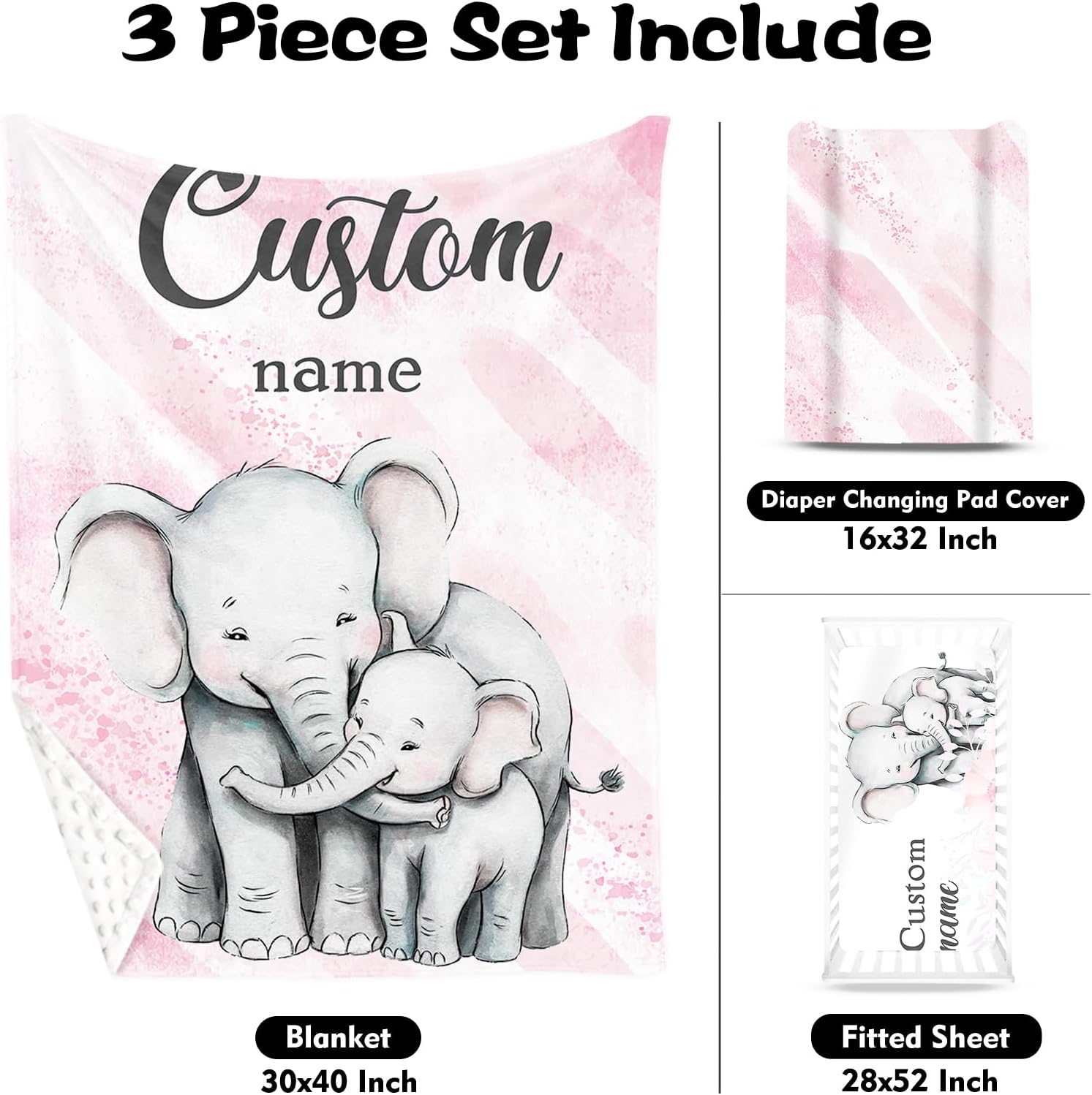 Personalized Name Crib Bedding Set for Infant Baby, Custom Nursery Decor Pink Elephant Mother Love Baby Blanket Fitted Crib Sheet Changing Pad Cover 3 Pcs