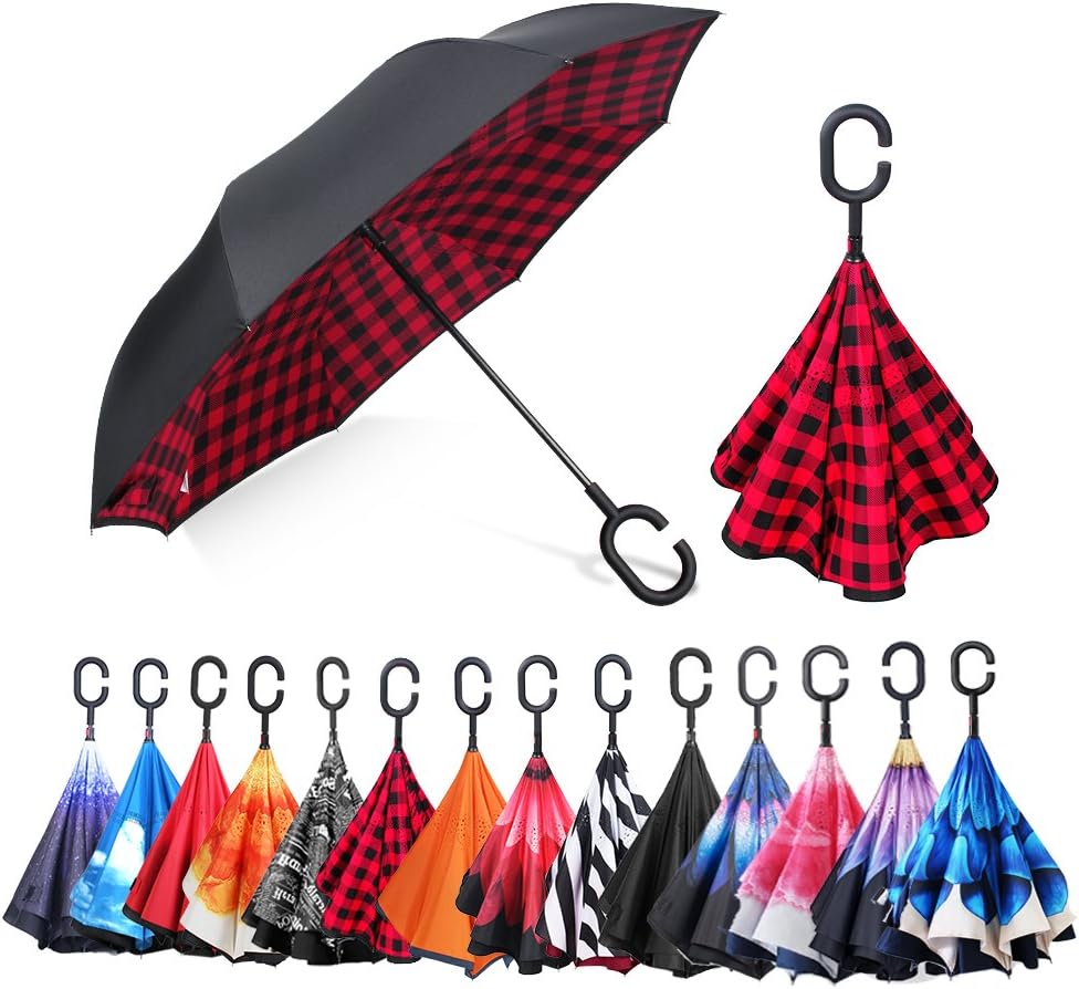 AmbrellaOK Double Layer Inverted Umbrella for Car Reverse Folding Upside Down C-Shaped Hands Free Handle - Compact Lightweight & Windproof – Ideal Gift Men & Women