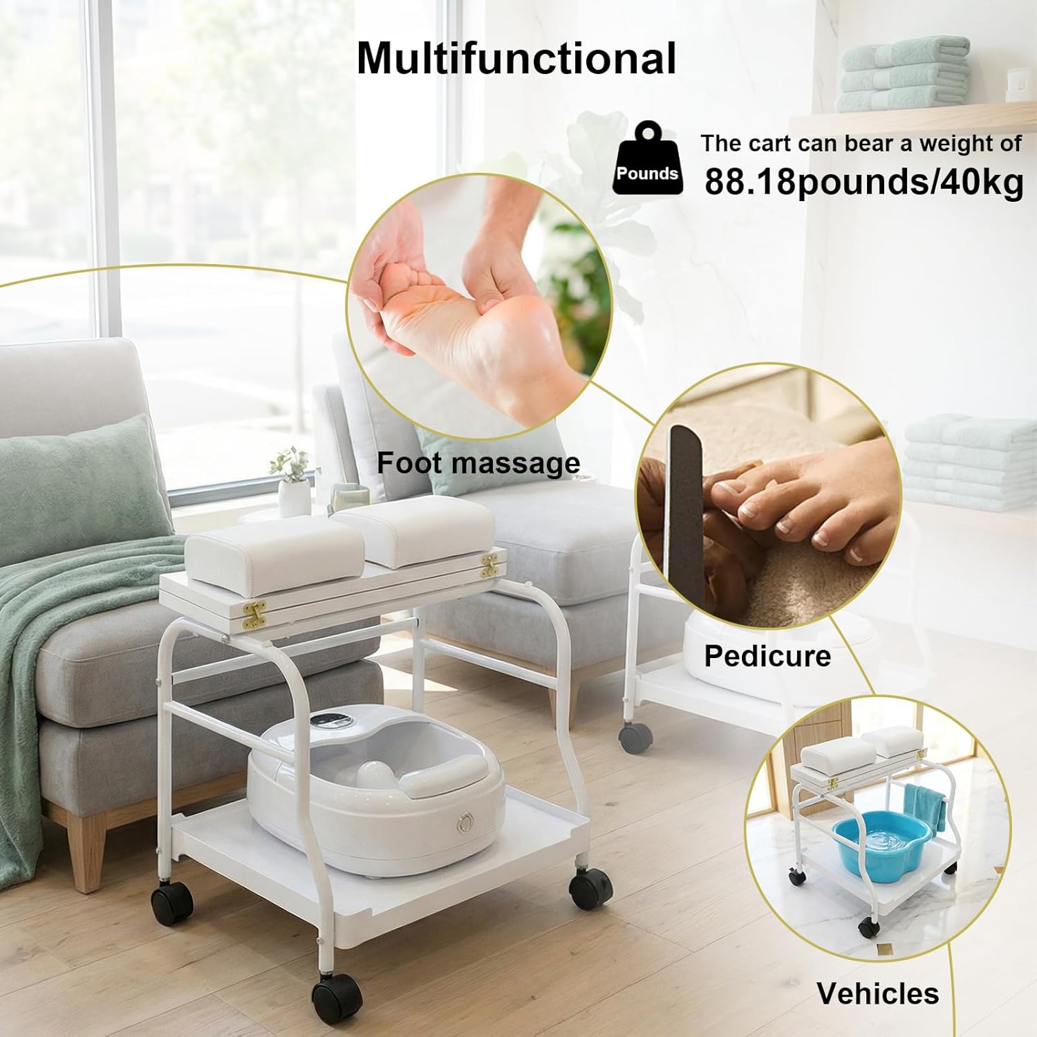 Beauty Salon Nail Or Foot Bath Spa Portable Esthetician Trolley Cart for Foot Rest Pedicure Manicure Funiture Massage Table Salon Supplies 2 Way Use 3 Color Option Elitzia (White)